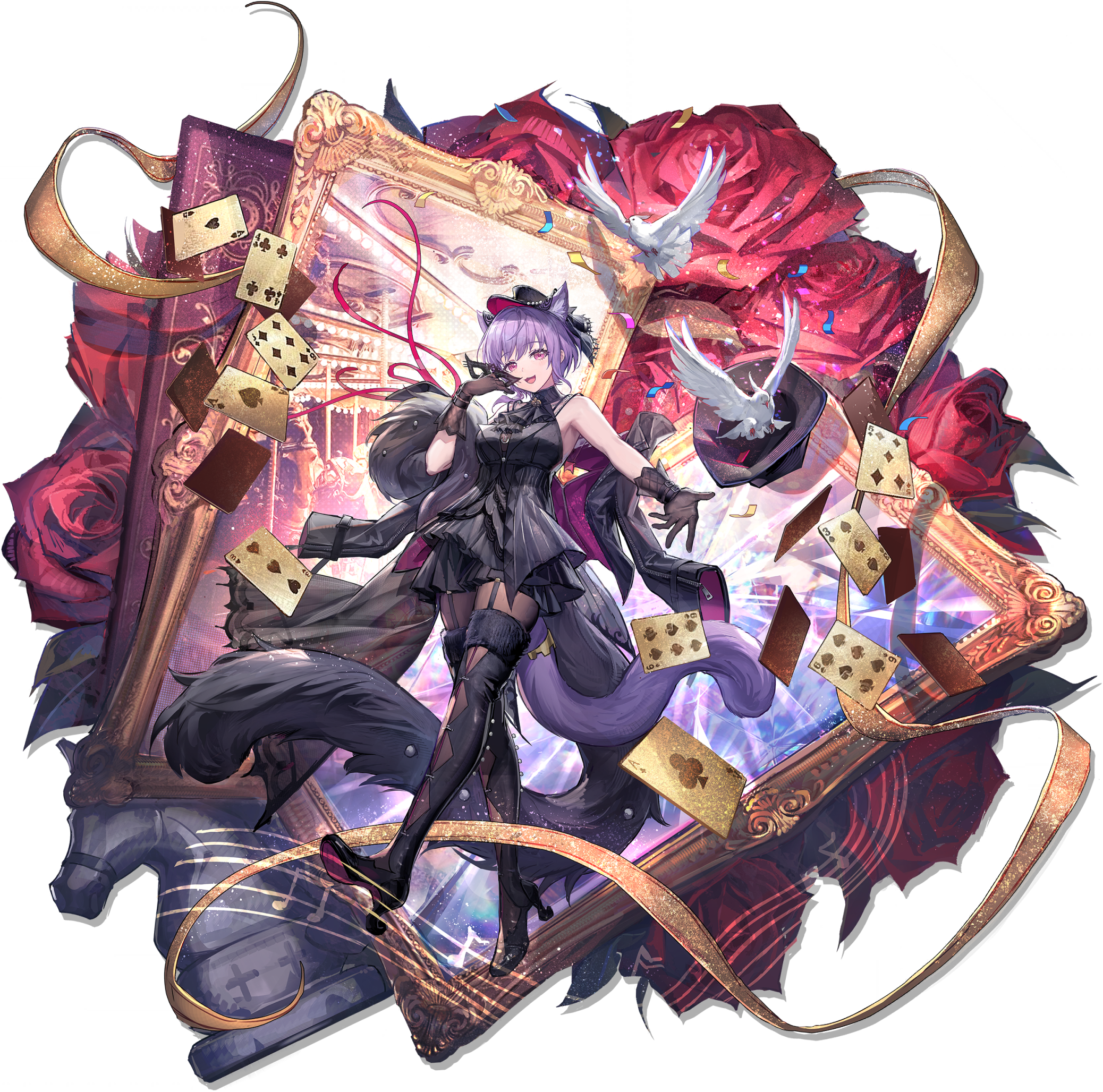 yuutenji nyamu, arknights, bang dream!, bang dream! it's mygo!!!!!, highres, official art, third-party source, 1girl, :3, animal ears, bird, black boots, black coat, black dress, black gloves, black hat, black mask, black pantyhose, boots, breasts, card, cat ears, cat girl, cat tail, coat, double exposure, dove, dress, extra ears, flower, garter straps, gloves, hat, holding, holding mask, large breasts, light particles, long hair, mask, masquerade mask, open mouth, pantyhose, picture frame, pink eyes, playing card, purple hair, red flower, red rose, rose, short hair, sleeveless, sleeveless dress, solo, tachi-e, tail, thigh boots, thighhighs, thighhighs over pantyhose, transparent background, yuutenji nyamu (magician of passion)