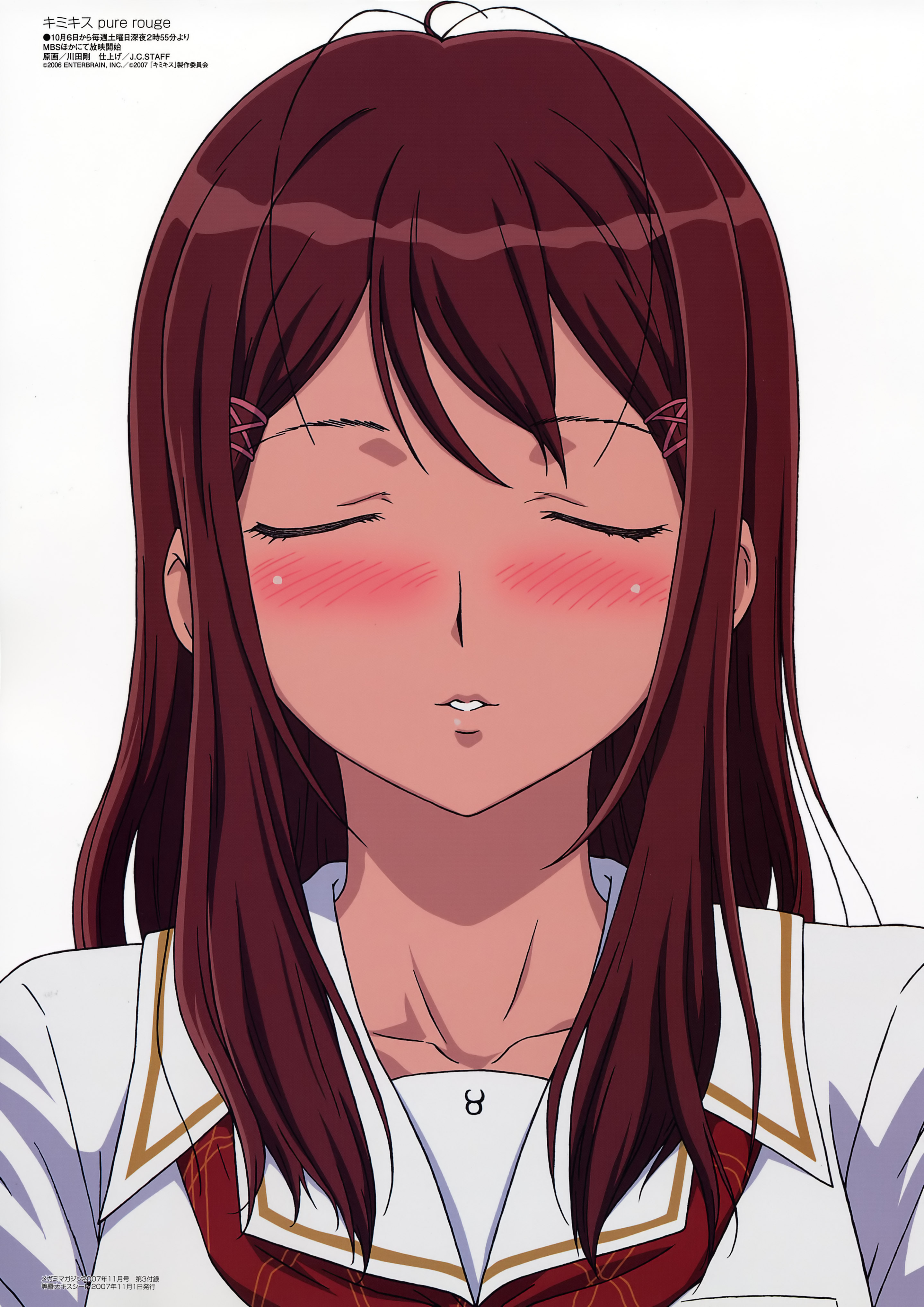 kawada tsuyoshi, hoshino yuumi, kimi kiss, megami magazine, absurdres, highres, non-web source, scan, 1girl, blush, close-up, closed eyes, female focus, hair ribbon, incoming kiss, kiss, long hair, red hair, ribbon, school uniform, serafuku, simple background, solo, white background