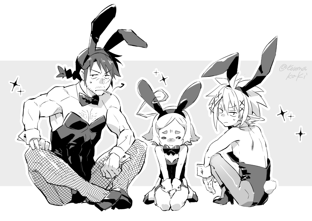 dasshu (dashi now), kanchal, stunk, zel (ishuzoku reviewers), ishuzoku reviewers, 3boys, animal ear hairband, animal ears, bow, bowtie, braid, chest hair, crossdressing, crossdressing (mtf), embarrassed, facial hair, fake animal ears, fishnet pantyhose, fishnets, greyscale, hairband, high heels, kneeling, leotard, looking at viewer, male focus, male playboy bunny, monochrome, multiple boys, muscular, muscular male, mustache stubble, pantyhose, pointy ears, scar, scar on face, short hair, sitting, smoking, sparkle, sparse stubble, squatting, stubble, sweatdrop, wrist cuffs
