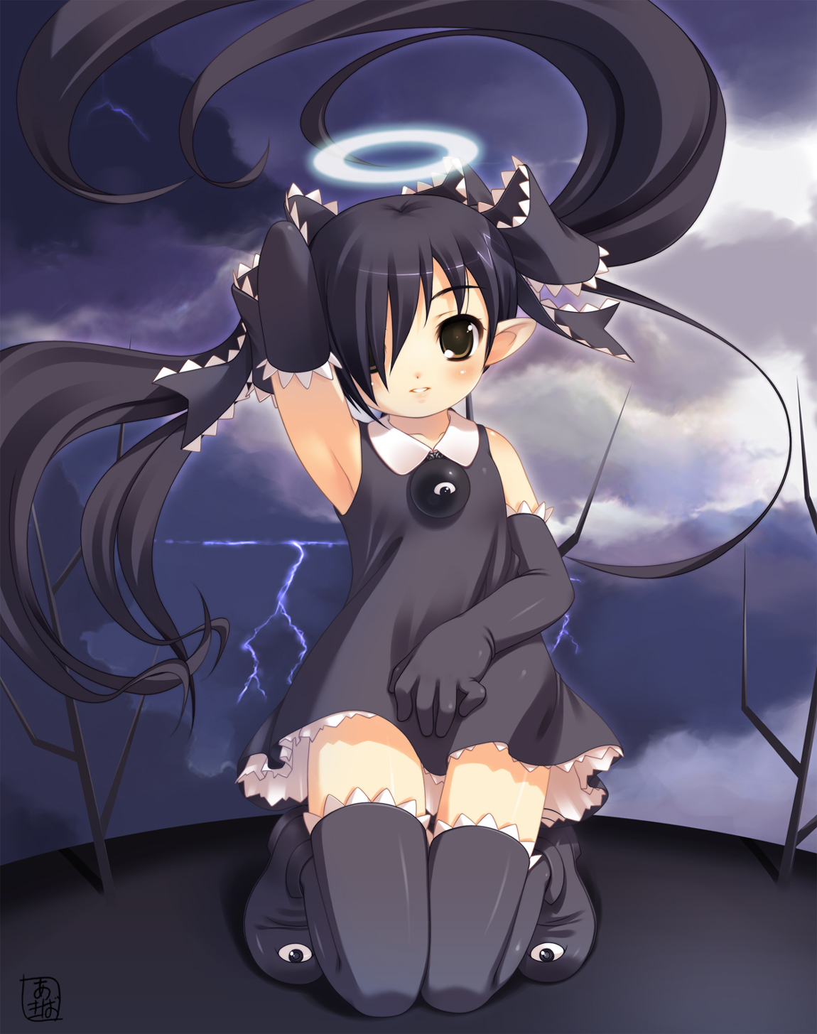 akiba hideki, backbeako (torotei), backbeard, gegege no kitarou, original, highres, 1girl, angel, armpits, black thighhighs, blush, elf, female focus, full body, hair over one eye, halo, lightning, long hair, pointy ears, skirt, solo, thighhighs, traditional halo, twintails, very long hair