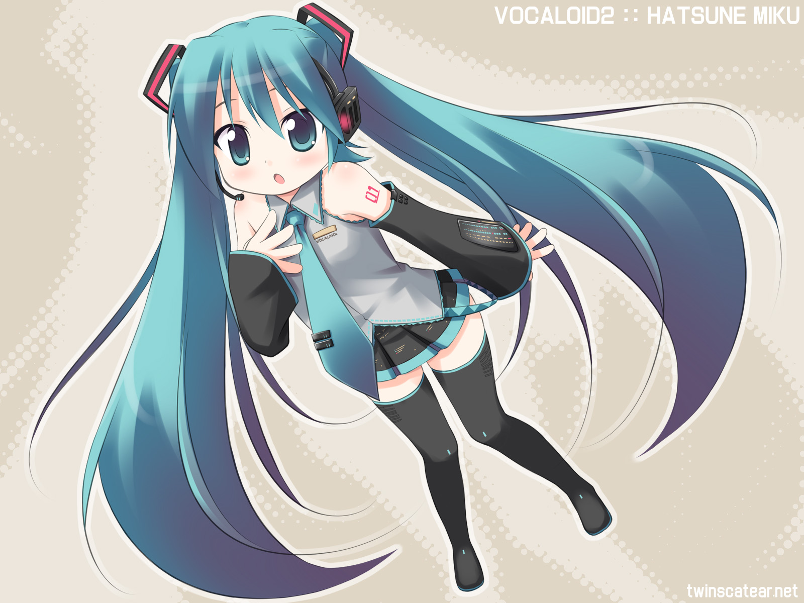 kagura yuuki, hatsune miku, vocaloid, vocaloid2, highres, 1girl, aged down, aqua eyes, aqua hair, aqua necktie, black thighhighs, blouse, blush, boots, character name, collared shirt, copyright name, detached sleeves, female focus, flat chest, grey shirt, hair between eyes, headphones, headset, long hair, necktie, open mouth, shirt, simple background, skirt, sleeveless, sleeveless shirt, solo, standing, tattoo, thigh boots, thighhighs, twintails, very long hair, watermark, web address, zettai ryouiki