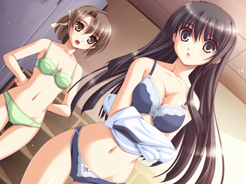 nemigi tsukasa, morita nao, sanada natsuko, h do c, yumemishi, game cg, 2girls, black eyes, black hair, blue bra, blue panties, bra, breasts, brown eyes, brown hair, cleavage, green bra, green panties, hip focus, lace, lace-trimmed bra, lace trim, large breasts, lingerie, locker, locker room, long hair, multiple girls, nemigi tsuykasa, panties, short hair, underwear, underwear only, undressing, wide hips