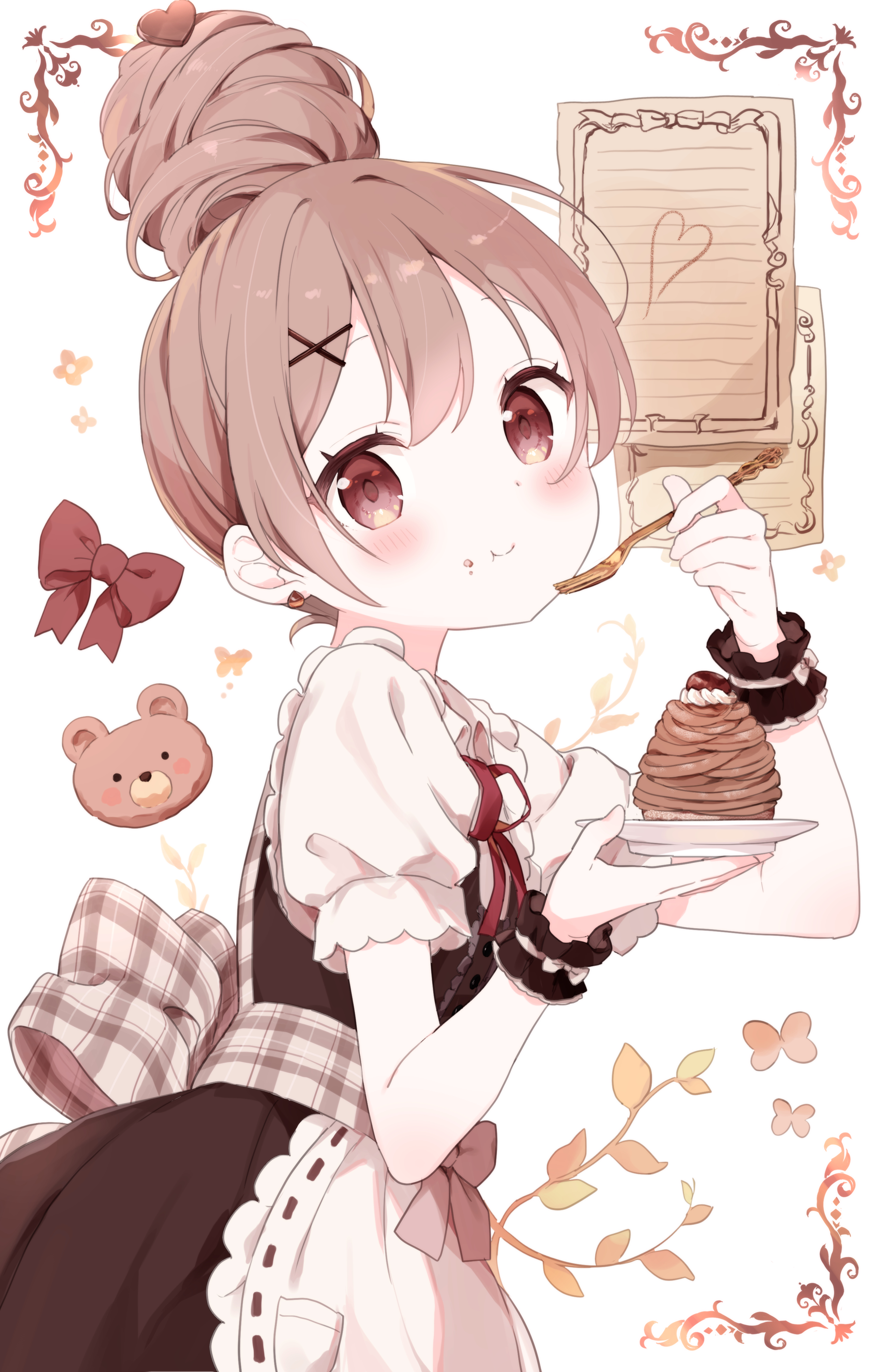 buchi (y0u0ri ), original, absurdres, commentary request, highres, 1girl, apron, blush, bow, brown dress, brown eyes, brown hair, closed mouth, cowboy shot, dress, eating, food, fork, frilled apron, frills, hair bun, hair ornament, heart, heart hair ornament, holding, holding fork, holding plate, looking at viewer, mont blanc (food), neck ribbon, plate, red bow, red ribbon, ribbon, ribbon-trimmed apron, ribbon trim, short hair, short sleeves, single hair bun, smile, solo, white apron, white background, wrist cuffs, x hair ornament
