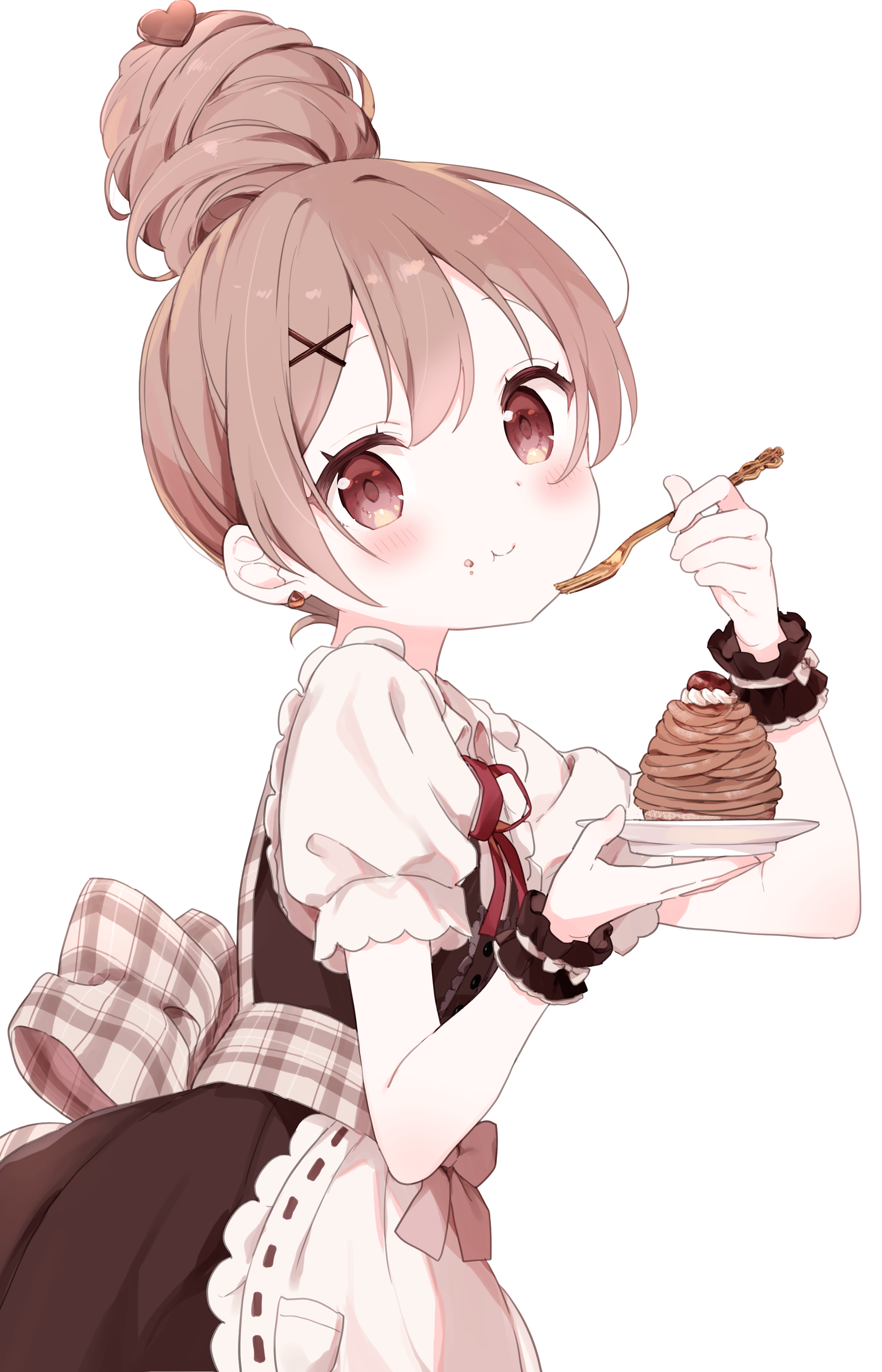 buchi (y0u0ri ), original, absurdres, commentary request, highres, 1girl, apron, blush, brown dress, brown eyes, brown hair, closed mouth, cowboy shot, dress, eating, food, fork, frilled apron, frills, hair bun, hair ornament, heart, heart hair ornament, holding, holding fork, holding plate, looking at viewer, mont blanc (food), neck ribbon, plate, red ribbon, ribbon, ribbon-trimmed apron, ribbon trim, short hair, short sleeves, simple background, single hair bun, smile, solo, white apron, white background, wrist cuffs, x hair ornament