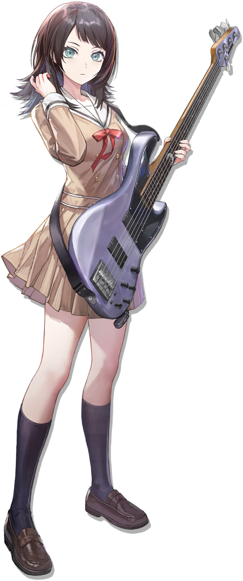 yahata umiri, arknights, bang dream!, bang dream! it's mygo!!!!!, official art, third-party source, 1girl, 5-string bass guitar, bass guitar, black socks, blue eyes, brown dress, brown shoes, closed mouth, dress, extended range bass guitar, full body, guitar strap, hanasakigawa school uniform, hand up, holding, holding bass guitar, holding instrument, instrument, kneehighs, loafers, long sleeves, looking at viewer, pleated dress, red ribbon, ribbon, sailor collar, sailor dress, schecter guitar, school uniform, shoes, simple background, socks, solo, tachi-e, transparent background, white sailor collar