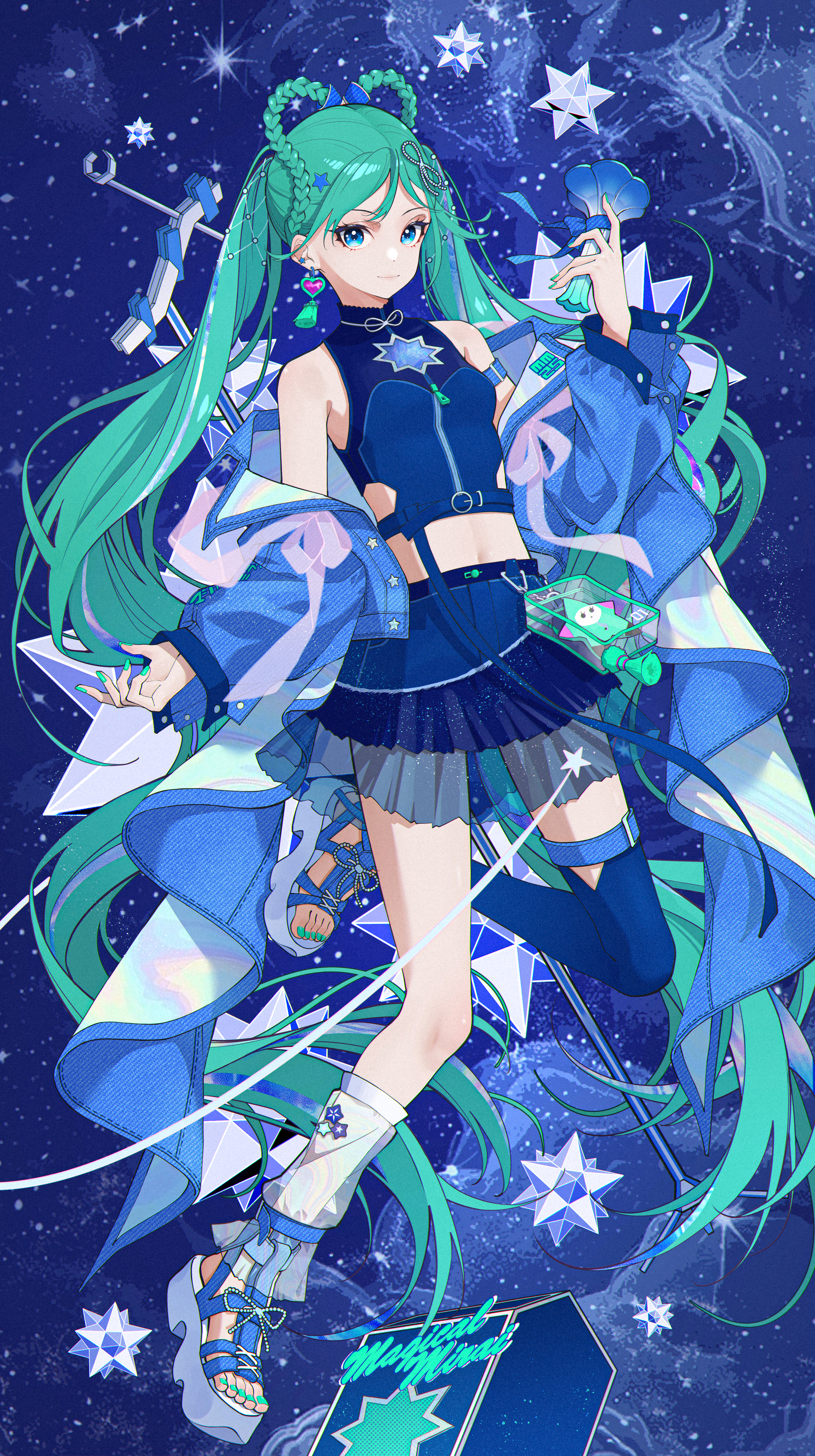 tiandingfengren, hatsune miku, magical mirai miku, magical mirai miku (2025), magical mirai (vocaloid), vocaloid, absurdres, highres, 1girl, aqua hair, aqua nails, blue eyes, blue jacket, blue thighhighs, braid, braided hair rings, closed mouth, crop top, earrings, hair between eyes, hair ornament, hair rings, heart, heart earrings, holding, holding microphone, jacket, jewelry, long hair, microphone, midriff, nail polish, navel, official alternate costume, official alternate hairstyle, open clothes, open jacket, shirt, single thighhigh, sleeveless, sleeveless shirt, smile, star (symbol), star hair ornament, stomach, thighhighs, toenail polish, toenails, twintails, very long hair