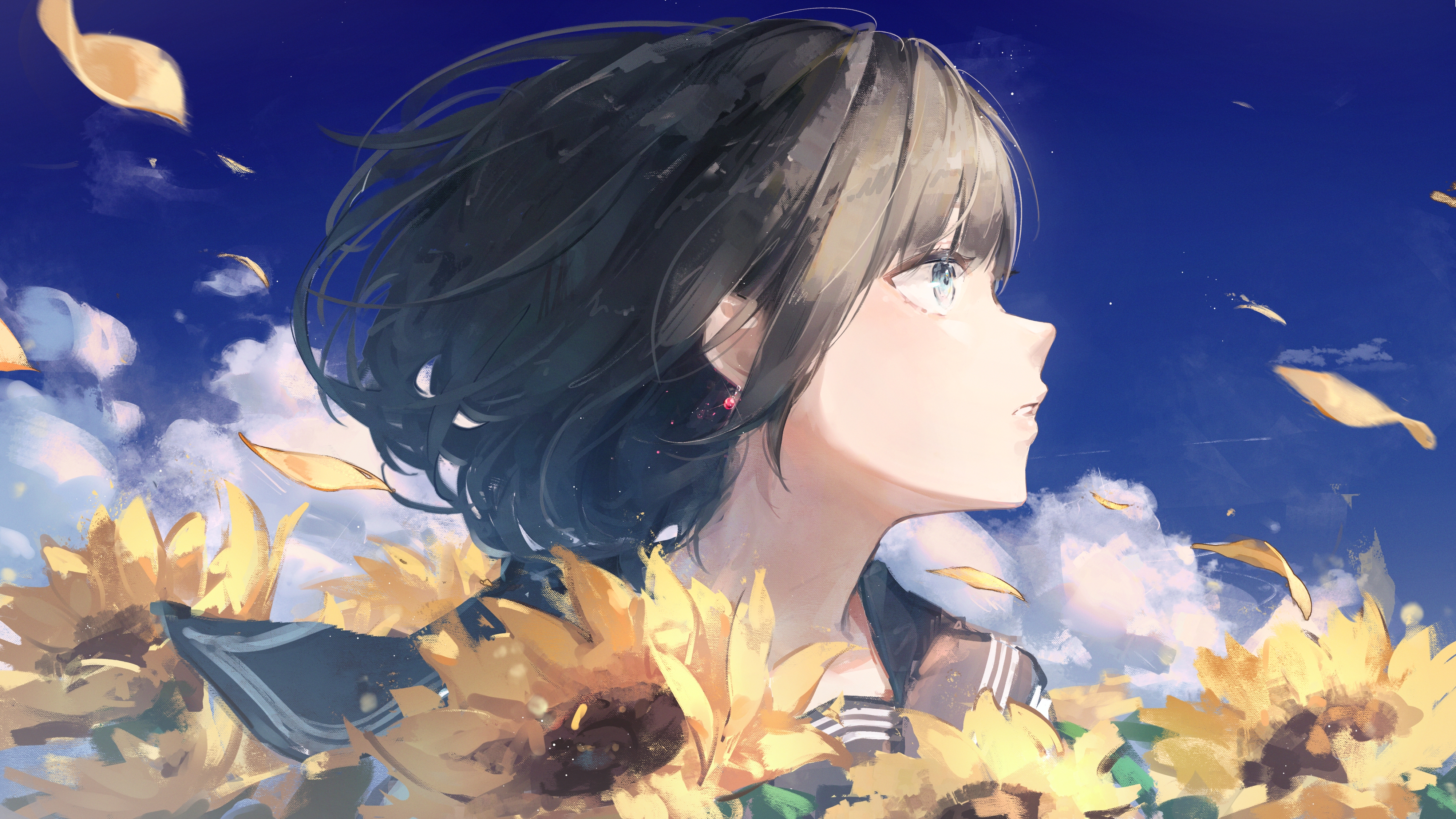fuunyon, original, absurdres, commentary request, highres, 1girl, black hair, black sailor collar, blue eyes, blue sky, cloud, day, field, flower, flower field, looking to the side, outdoors, parted lips, petals, portrait, profile, sailor collar, school uniform, serafuku, short hair, sky, solo, sunflower, sunflower field