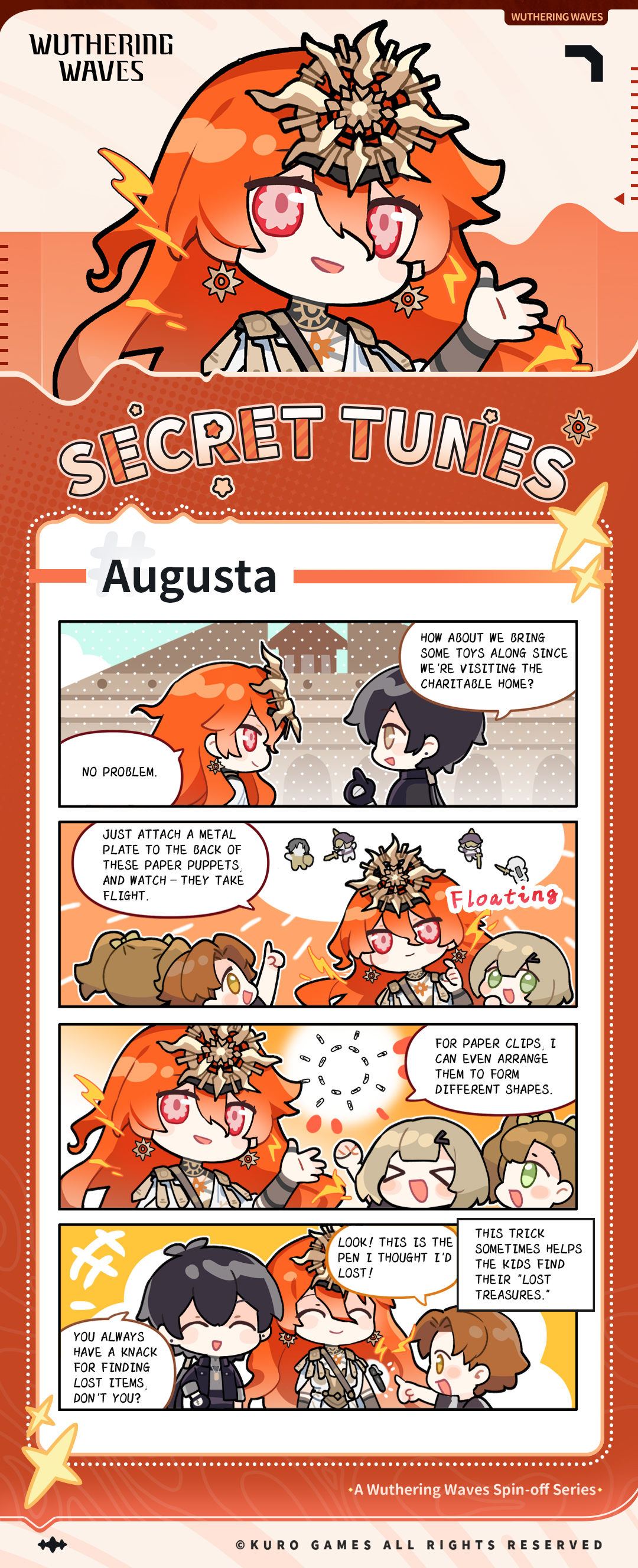 fanniko, augusta (wuthering waves), male rover (wuthering waves), rover (wuthering waves), wuthering waves, absurdres, commentary, english commentary, highres, official art, 1boy, 1girl, black collar, black hair, collar, copyright name, earrings, english text, hair between eyes, headgear, jewelry, long hair, looking at another, orange hair, people, red eyes, smile, sun earrings, sun necklace, waving, yellow eyes