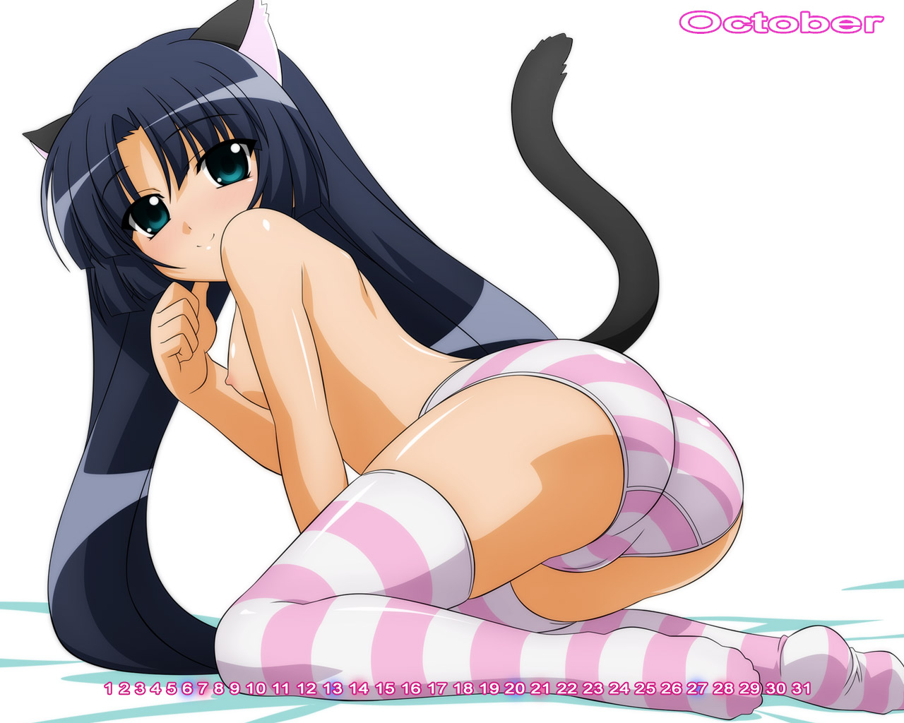 sugimura tomokazu, elizabetta, fushigiboshi no futago hime, striped legwear, 00s, animal ears, ass, blue eyes, blush, breasts, calendar, cameltoe, cat ears, cat tail, long hair, nipples, panties, pink panties, purple hair, striped clothes, striped panties, tail, thighhighs, topless female, underwear