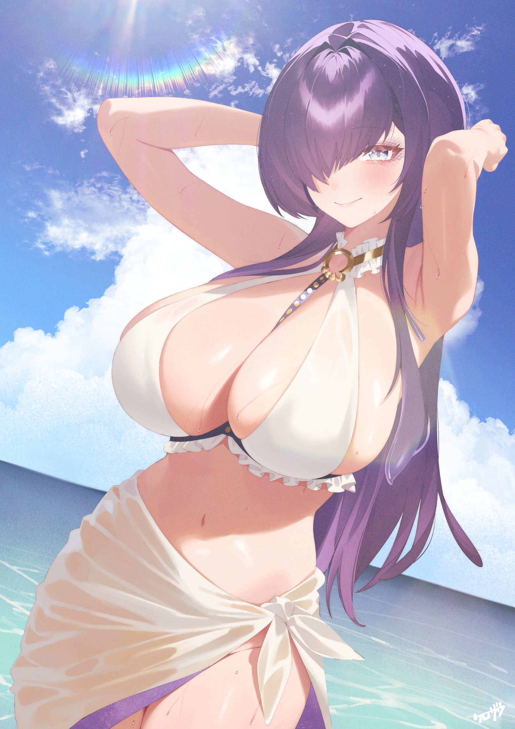kurozawa yui, tt013 (thirteennn013), limnos, absurdres, highres, 1girl, armpits, arms up, bikini, blue eyes, blush, breasts, closed mouth, day, hair over one eye, large breasts, long hair, navel, ocean, one eye covered, outdoors, purple hair, sideboob, sky, smile, solo, stomach, swimsuit, virtual youtuber, water, white bikini