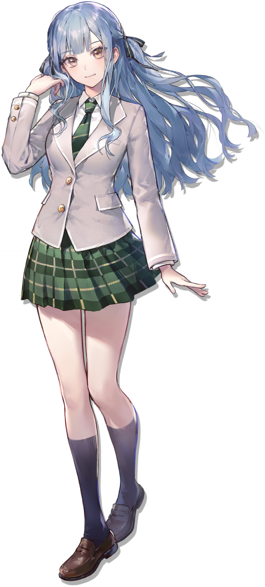 yuan quanquan ren, togawa sakiko, arknights, bang dream!, bang dream! it's mygo!!!!!, official art, third-party source, 1girl, black ribbon, black socks, blue hair, brown shoes, closed mouth, collared shirt, diagonal-striped clothes, diagonal-striped necktie, full body, green necktie, green skirt, grey jacket, hair ribbon, hand up, haneoka school uniform, jacket, kneehighs, loafers, long hair, long sleeves, necktie, plaid clothes, plaid skirt, pleated skirt, ribbon, school uniform, shirt, shoes, sidelocks, skirt, socks, solo, striped clothes, tachi-e, transparent background, white shirt, yellow eyes