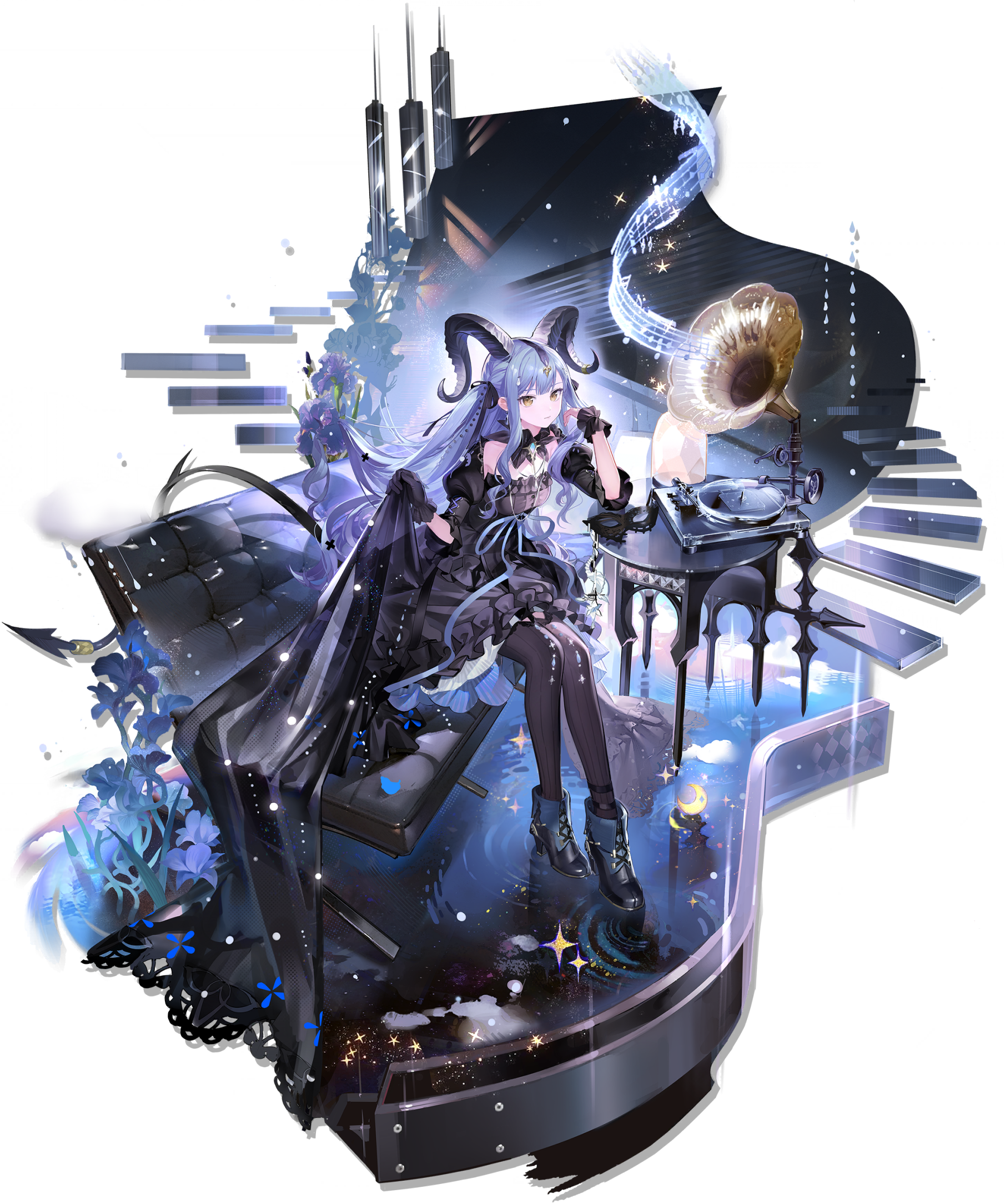 togawa sakiko, arknights, bang dream!, bang dream! it's mygo!!!!!, highres, official art, third-party source, 1girl, black dress, black gloves, black mask, black pantyhose, black ribbon, black wrist cuffs, blue hair, blue shoes, couch, demon tail, dress, flower, full body, gloves, hair ribbon, high heels, horns, mask, masquerade mask, multicolored hair, musical note, pantyhose, phonograph, puffy short sleeves, puffy sleeves, ribbon, shoes, short sleeves, sidelocks, single glove, sitting, skirt hold, solo, table, tail, togawa sakiko (master of melodia), transparent background, two-tone hair, unworn mask, wrist cuffs, yellow eyes