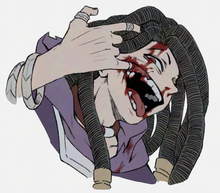 teo (teorekka), jabber wonger, gachiakuta, 1boy, blood, blood on clothes, blood on face, bracelet, brown hair, choker, dreadlocks, jewelry, long hair, missing tooth, open mouth, red choker, red eyes, simple background, smile, solo, white background