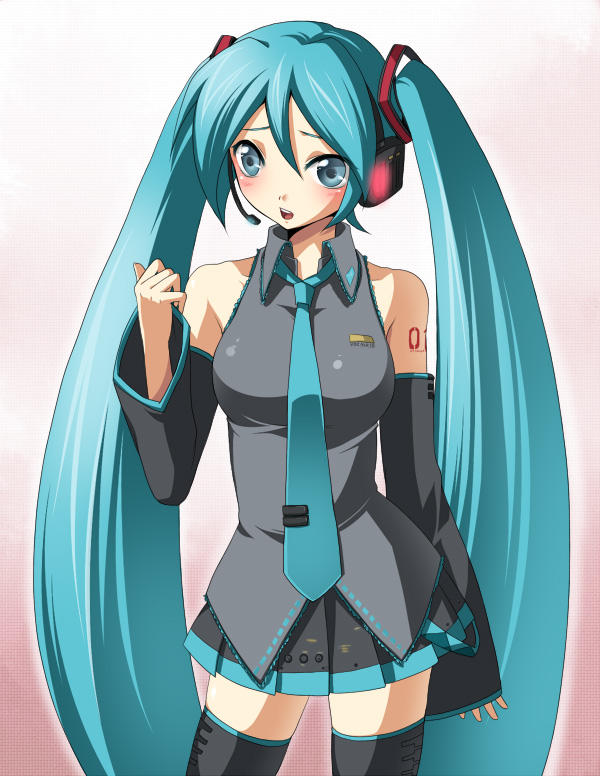 jyuru, hatsune miku, vocaloid, vocaloid2, 1girl, aqua necktie, bare shoulders, black thighhighs, blouse, blush, collared shirt, detached sleeves, female focus, frilled shirt, frills, green eyes, green hair, grey shirt, hair between eyes, long hair, matching hair/eyes, necktie, open mouth, pink background, shirt, shoulder tattoo, skirt, sleeveless, sleeveless shirt, solo, standing, tattoo, thighhighs, twintails, very long hair, zettai ryouiki