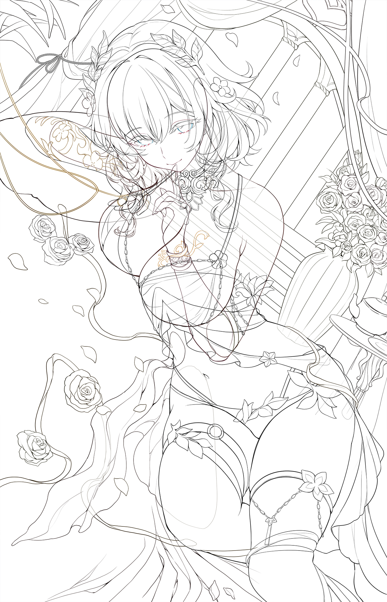 machi (machi0910), aglaea (honkai: star rail), honkai: star rail, honkai (series), highres, unfinished, 1girl, bare shoulders, bed sheet, bikini, breast tattoo, breasts, cleavage, closed mouth, finger to mouth, fingernails, flower, hair between eyes, head wreath, large breasts, lineart, looking at viewer, lying, medium hair, multi-strapped bikini bottom, nail polish, navel, o-ring, o-ring thigh strap, on bed, on side, pillow, rose, smile, solo, stomach, swimsuit, tattoo, thigh strap, thighs