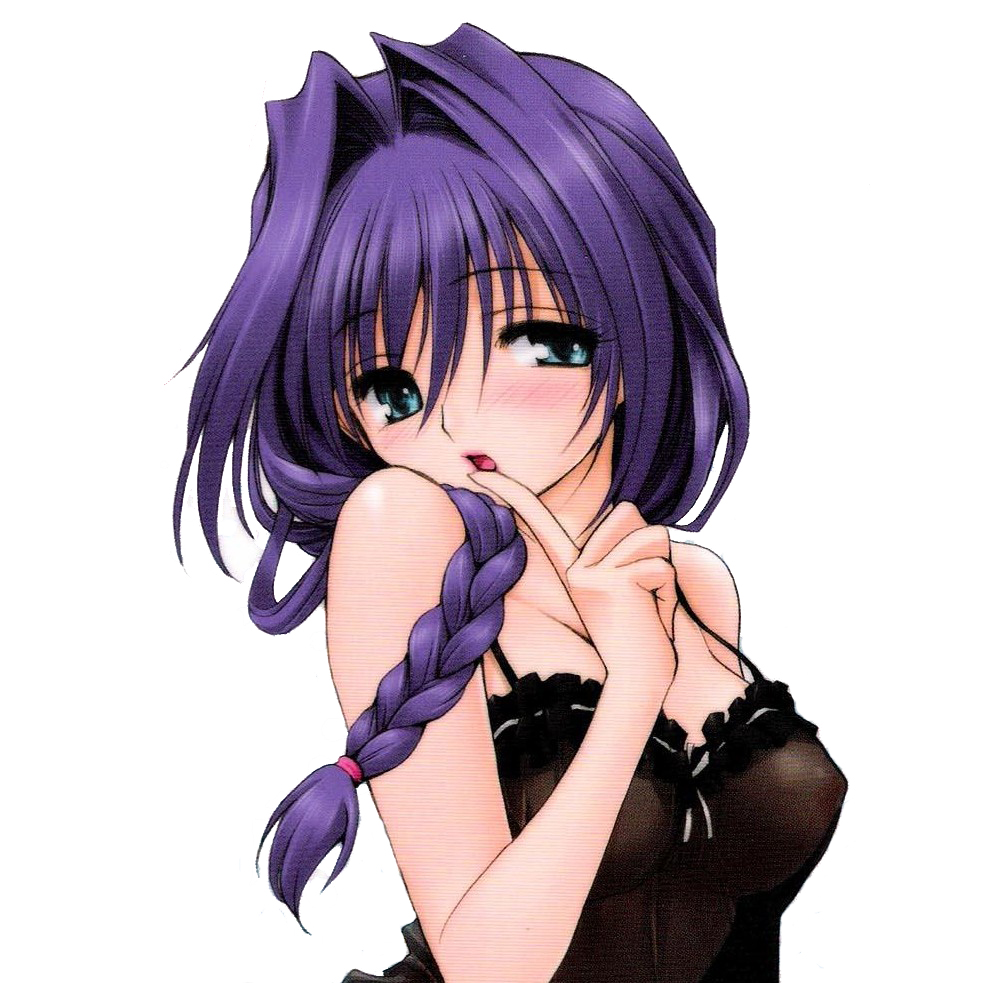 minase akiko, kanon, blue eyes, blush, braid, breasts, camisole, long hair, open mouth, purple hair, see-through clothes