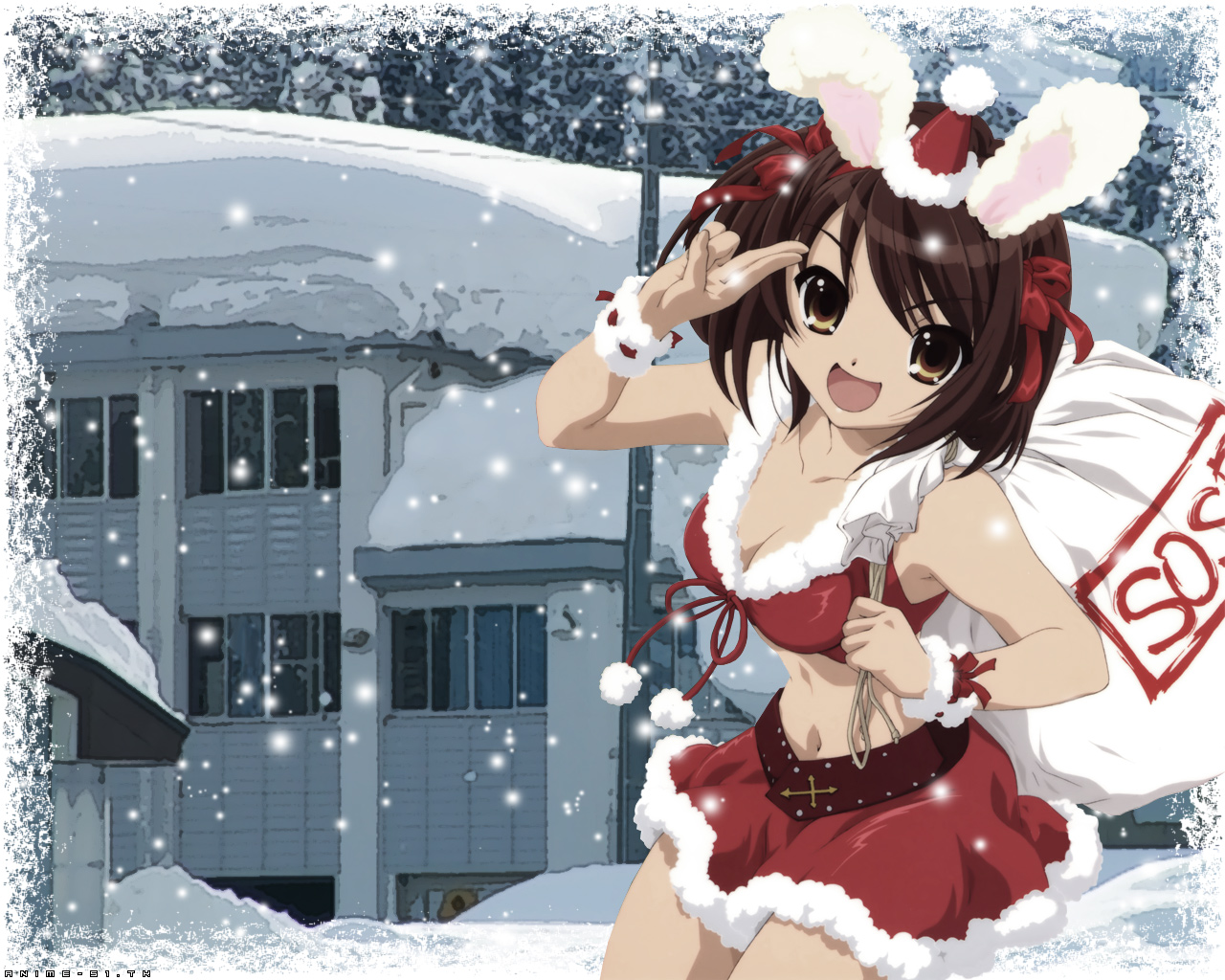 suzumiya haruhi, suzumiya haruhi no yuuutsu, 00s, 1girl, animal ears, breasts, brown eyes, brown hair, christmas, cleavage, female focus, hat, looking at viewer, midriff, navel, open mouth, rabbit ears, rabbit girl, santa costume, santa hat, skirt, snowing, solo