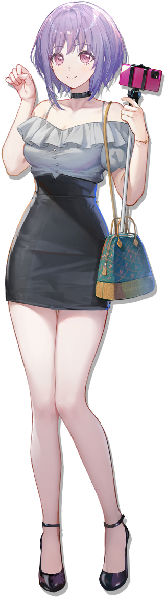 yuutenji nyamu, arknights, bang dream!, bang dream! it's mygo!!!!!, official art, third-party source, 1girl, anklet, bag, black choker, black shoes, black skirt, blue bag, breasts, cellphone, choker, cleavage, closed mouth, frilled shirt, frills, grey shirt, jewelry, medium breasts, off-shoulder shirt, off shoulder, paw pose, phone, pink eyes, purple hair, selfie stick, shirt, shoes, short hair, short sleeves, shoulder bag, simple background, skirt, smartphone, solo, tachi-e, transparent background