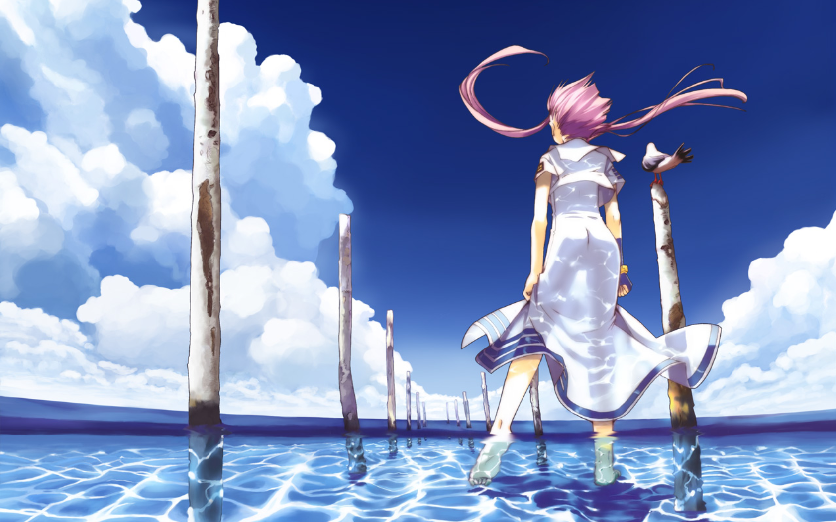 amano kozue, mizunashi akari, aria (manga), highres, official art, official wallpaper, 00s, 1girl, ass, barefoot, bird, blouse, caustics, cloud, day, dress, female focus, fingerless gloves, floating hair, from behind, gloves, long hair, partially submerged, partially underwater shot, pink hair, seagull, see-through clothes, see-through silhouette, shallow water, shirt, short hair with long locks, single glove, sky, solo, standing, standing on one leg, twintails, underwater, wading, water, wet, white shirt, wind