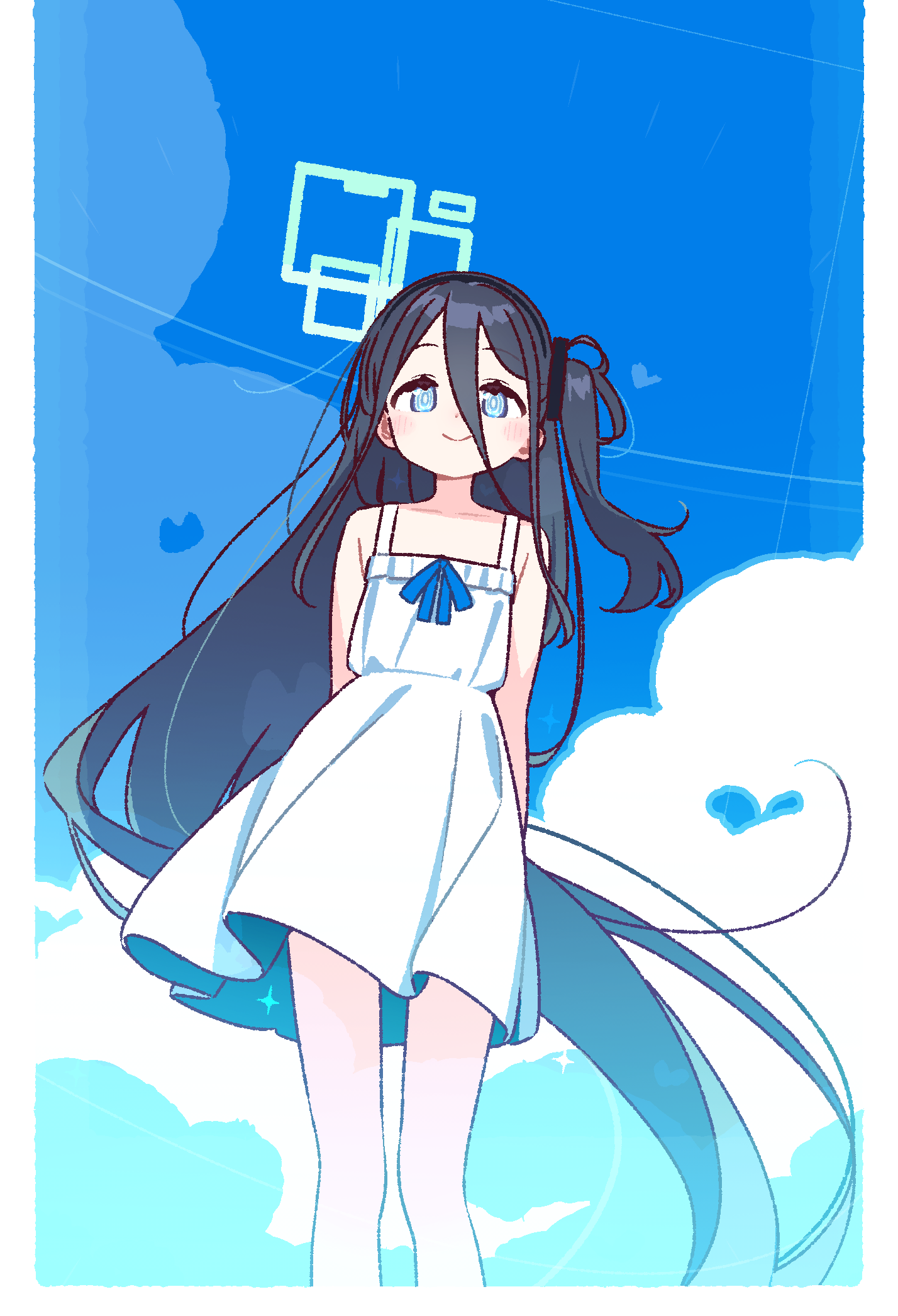 yoru nai, aris (blue archive), blue archive, commentary request, highres, revision, 1girl, absurdly long hair, aqua halo, arms behind back, bare arms, bare shoulders, black hair, black hairband, blue bow, blue hair, blue sky, bow, cloud, collarbone, dress, flat chest, hair between eyes, hairband, halo, heart, long hair, long hair between eyes, looking at viewer, one side up, rectangular halo, ringed eyes, sky, sleeveless, sleeveless dress, smile, solo, sundress, very long hair, white dress