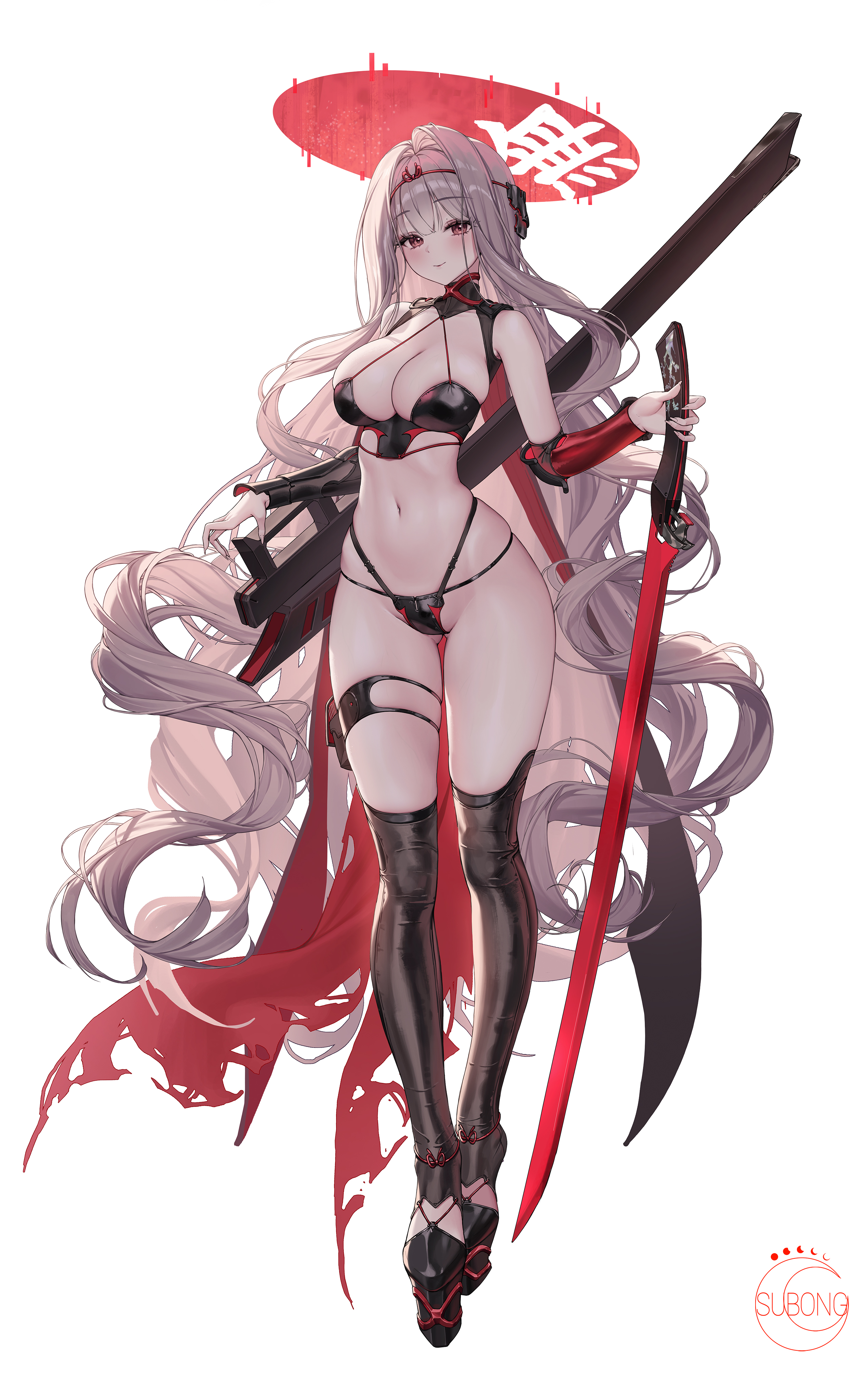 subong, rose (nikke), goddess of victory: nikke, absurdres, highres, 1girl, artist name, bare shoulders, black panties, black thighhighs, blush, breasts, cleavage, closed mouth, full body, gluteal fold, grey hair, holding, holding sword, holding weapon, katana, large breasts, long hair, looking at viewer, multi-strapped panties, navel, panties, red eyes, simple background, skindentation, smile, solo, standing, stomach, sword, thigh strap, thighhighs, thighs, underwear, weapon, white background