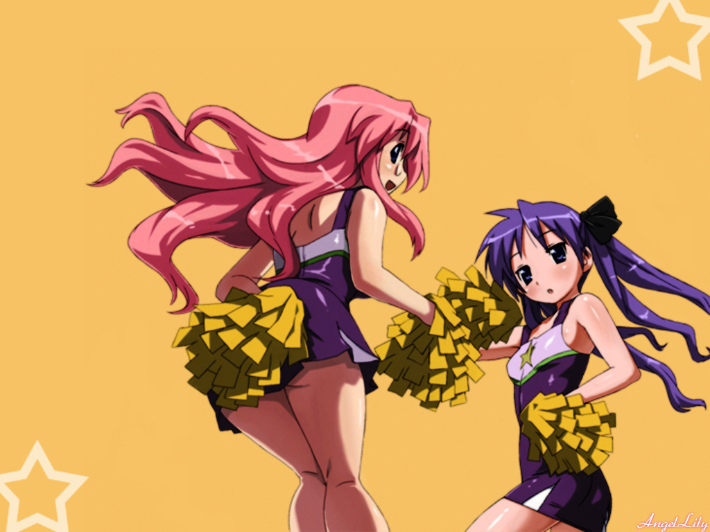 hiiragi kagami, takara miyuki, lucky star, 00s, ass, blush, cheerleader, glasses, long hair, skirt, twintails