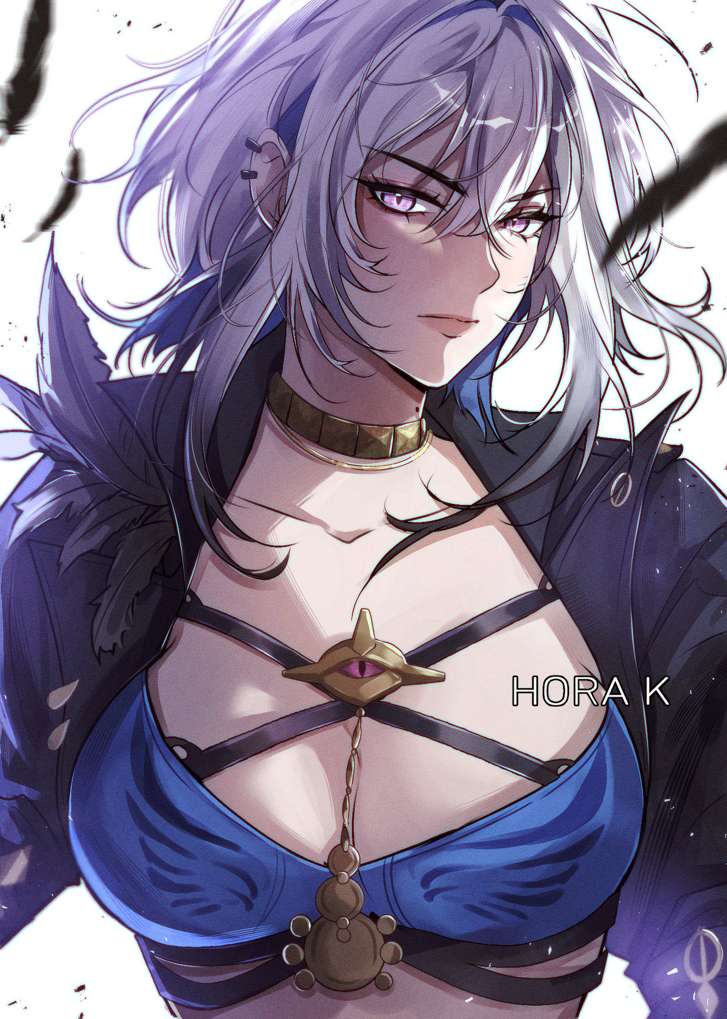 hora k, galbrena (wuthering waves), wuthering waves, commentary, highres, 1girl, black feathers, black jacket, blue bra, blue hair, bra, breasts, choker, cleavage, closed mouth, colored inner hair, cropped jacket, feathers, gold choker, grey hair, jacket, looking at viewer, medium breasts, medium hair, mole, mole on neck, multicolored hair, open clothes, open jacket, purple eyes, solo, underwear, upper body, white background