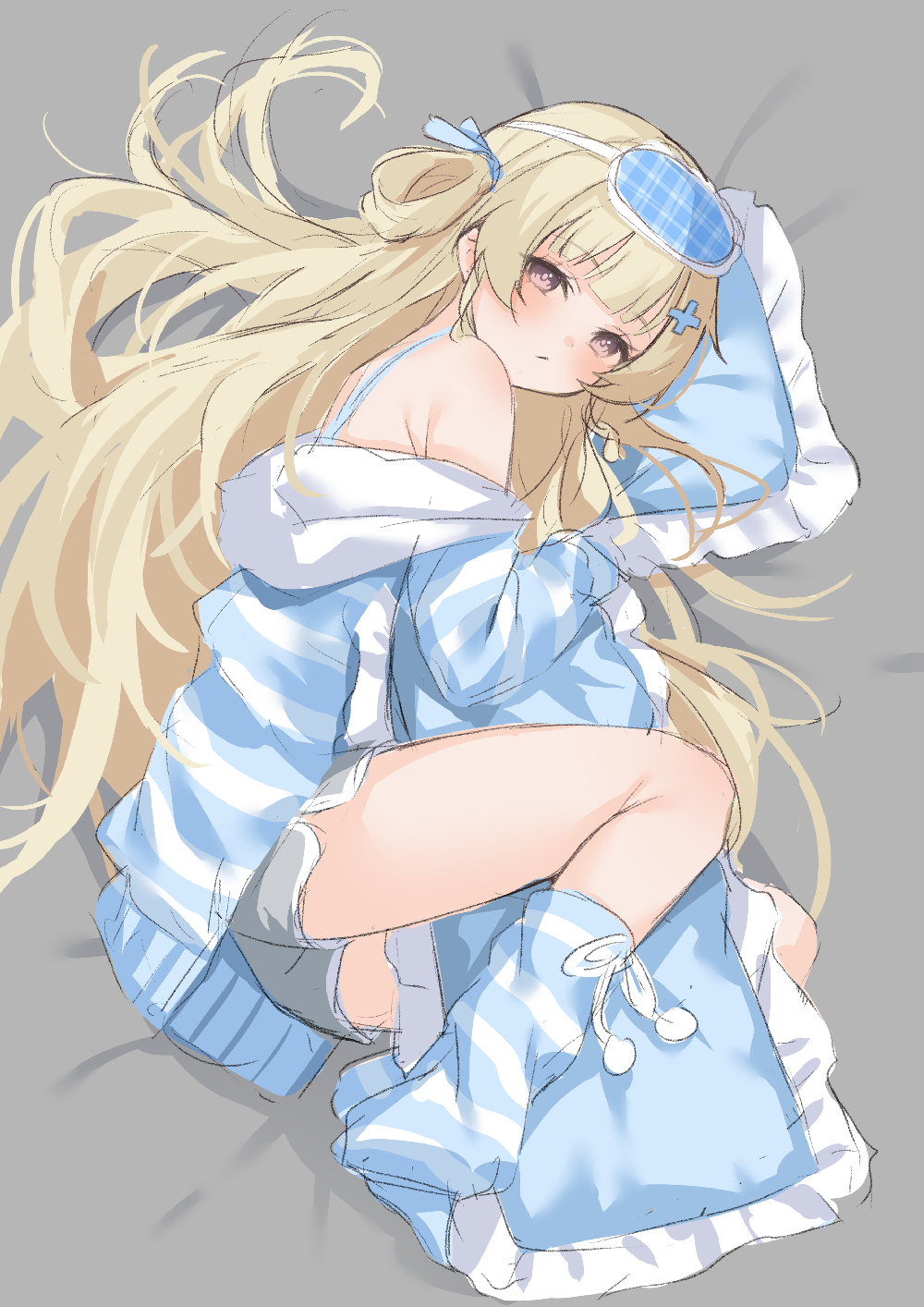 kuramoto beta-carotene, phoebe (wuthering waves), wuthering waves, commentary request, highres, 1girl, bare shoulders, blonde hair, blue socks, closed mouth, from above, grey background, grey shorts, jacket, long hair, looking at viewer, lying, mask, mask on head, off shoulder, on side, pajamas, pillow, purple eyes, short shorts, shorts, simple background, sleep mask, socks, solo, very long hair