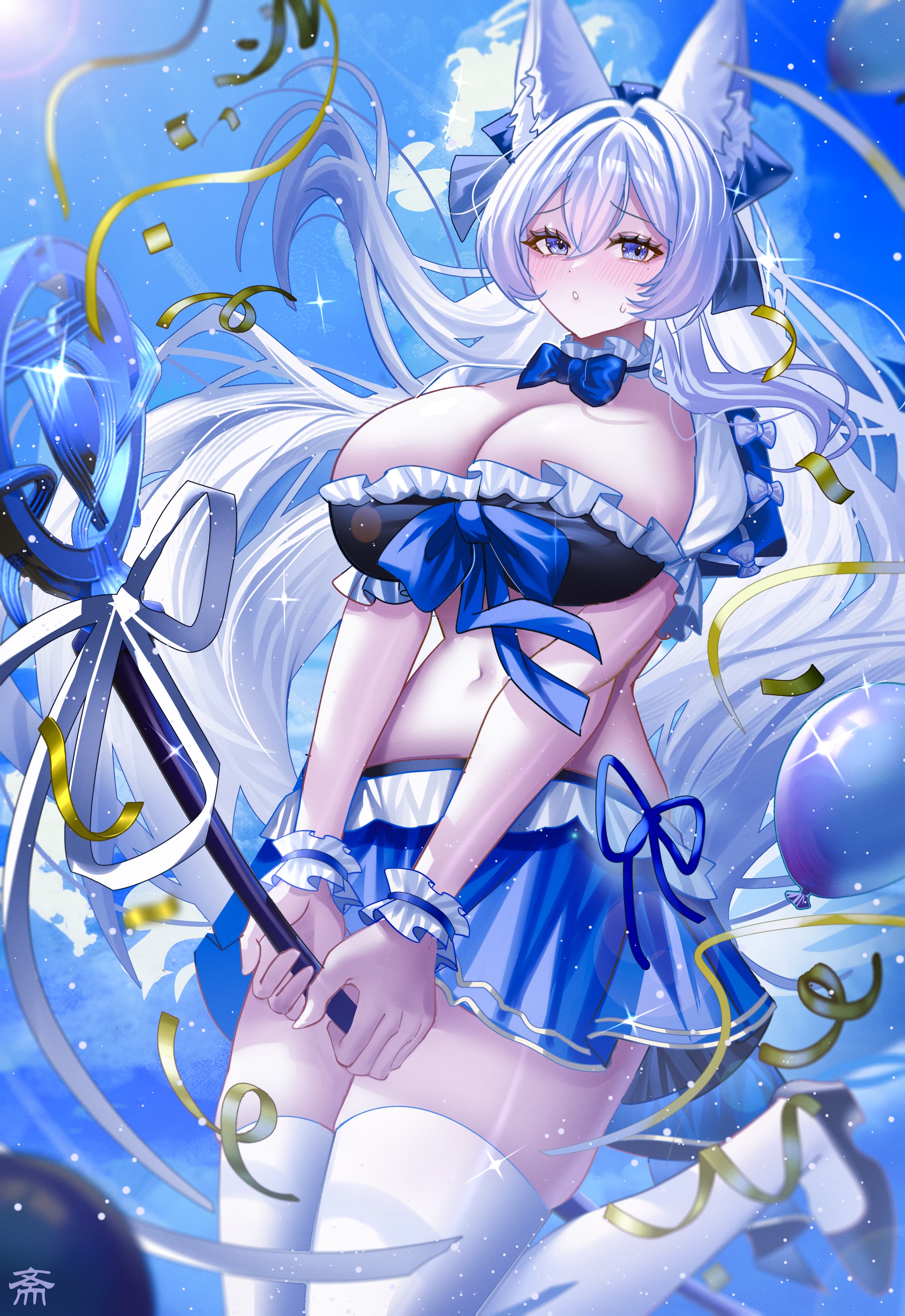 tansuan (ensj3875), shinano (azur lane), azur lane, absurdres, commentary, highres, 1girl, alternate costume, animal ear fluff, animal ears, black shoes, blue bow, blue bowtie, blue skirt, blush, bow, bowtie, breasts, cleavage, confetti, day, fox ears, fox girl, fox tail, holding, large breasts, long hair, miniskirt, navel, outdoors, parted lips, shoes, short sleeves, skirt, solo, stomach, tail, thighhighs, thighs, white hair, white thighhighs