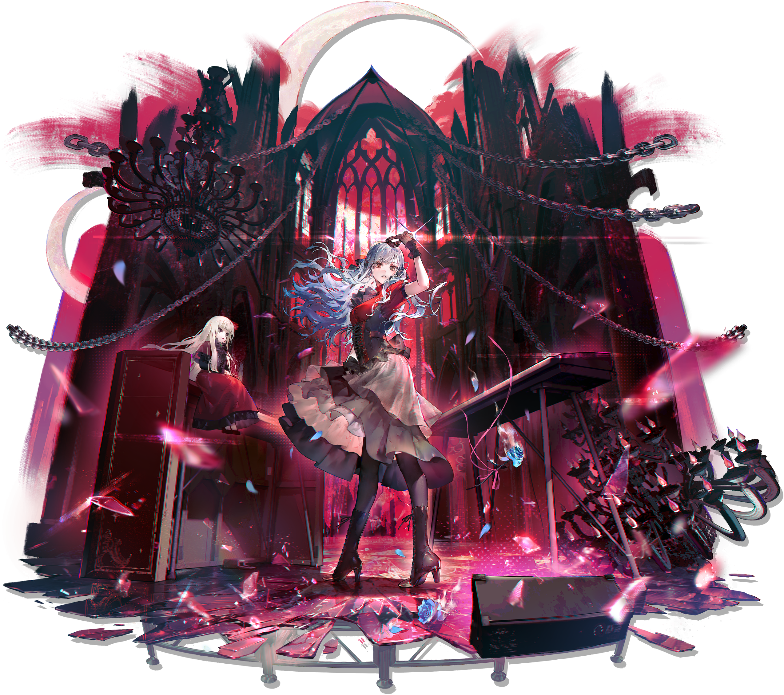 yuan quanquan ren, oblivionis (bang dream!), togawa sakiko, arknights, bang dream!, bang dream! it's mygo!!!!!, highres, official art, third-party source, 1girl, black boots, black corset, black gloves, black mask, black pantyhose, black ribbon, blue hair, boots, breasts, chain, chandelier, corset, dress shirt, floating hair, full body, glint, gloves, grey skirt, hair ribbon, high heel boots, high heels, holding, holding mask, instrument, keyboard (instrument), layered skirt, long hair, mask, masquerade mask, medium breasts, open mouth, pantyhose, red shirt, ribbon, shirt, short sleeves, sidelocks, skirt, solo, standing, togawa sakiko's doll, unworn mask, yellow eyes