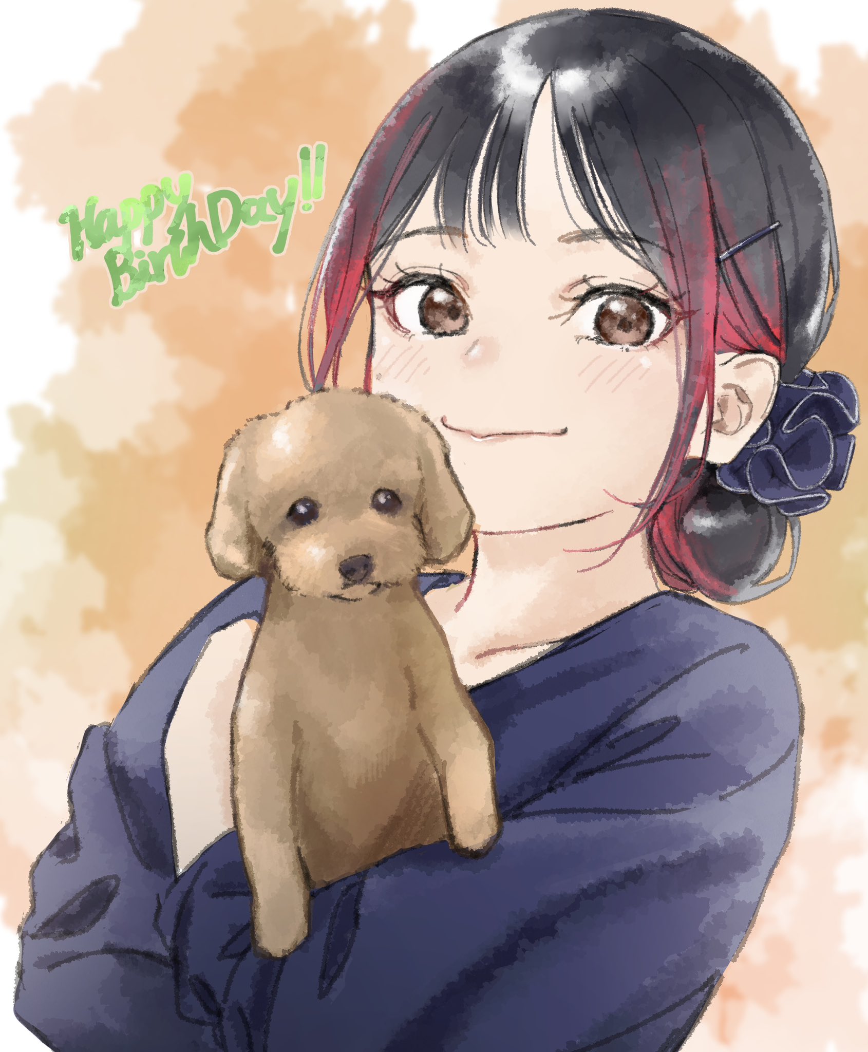 shinyoujurin, real life, commentary request, highres, 1girl, animal, animification, black hair, blue shirt, brown eyes, closed mouth, dog, hair ornament, hairpin, happy birthday, holding, holding animal, looking at viewer, multicolored hair, red hair, shirt, simple background, smile, two-tone hair, upper body, voice actor, yabushima akane