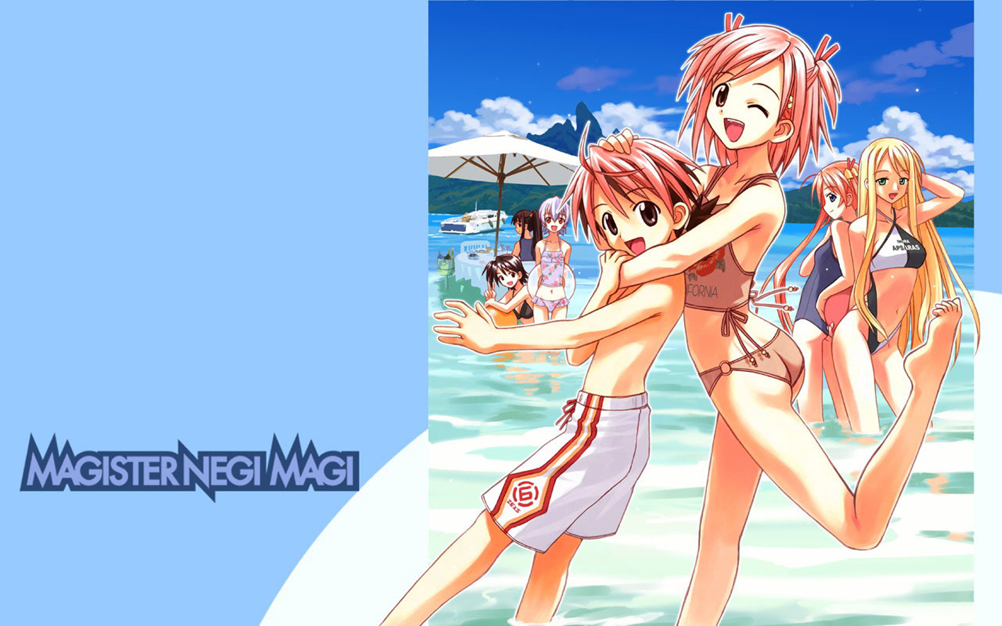 akashi yuuna, izumi ako, kagurazaka asuna, negi springfield, ookouchi akira, sasaki makie, yukihiro ayaka, mahou sensei negima!, official art, official wallpaper, 1boy, ass, beach, bikini, blonde hair, long hair, multiple girls, one eye closed, open mouth, pink hair, short hair, smile, swimsuit, water, wink