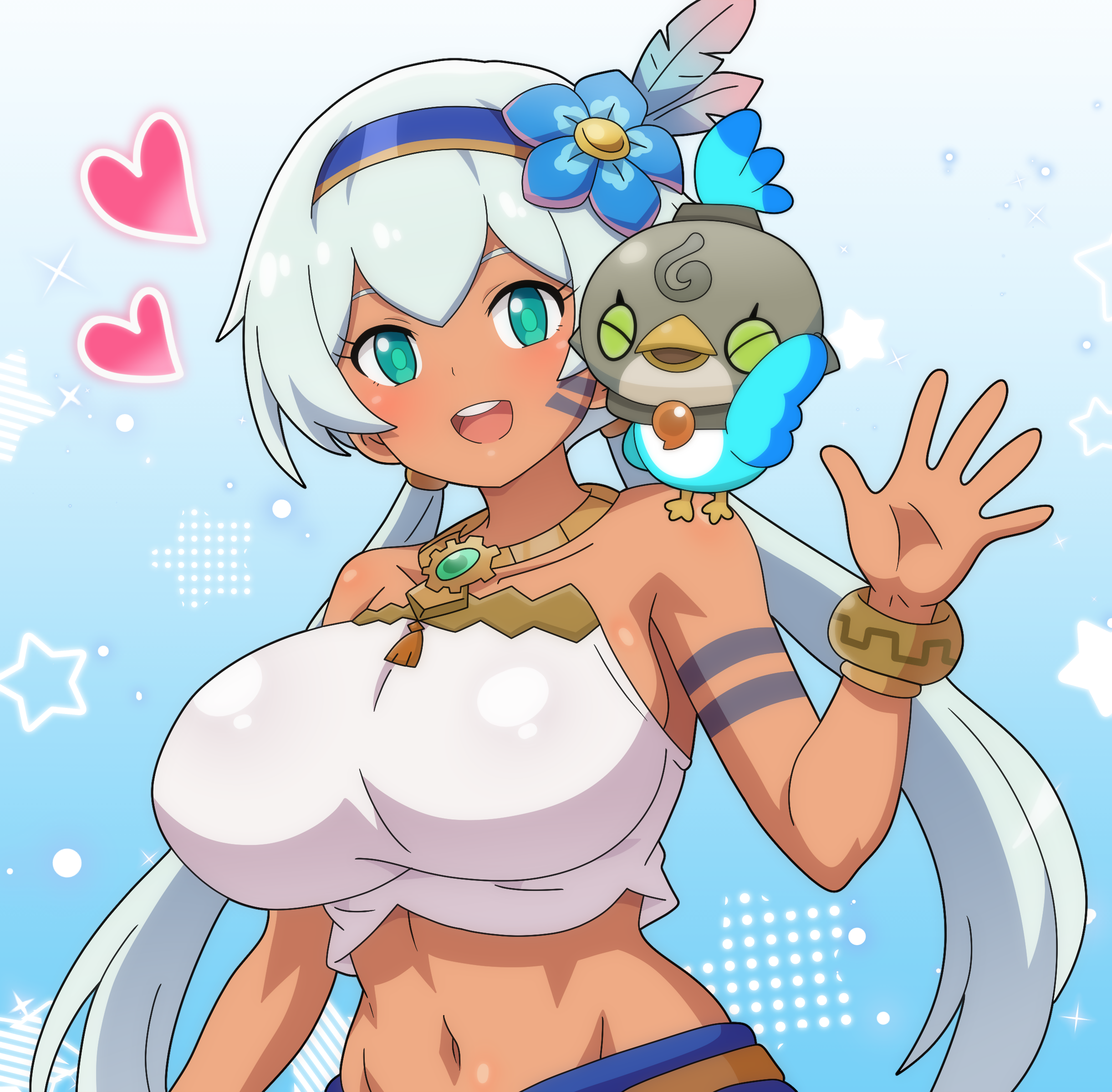 rem (fantasy life), star, 1girl, arm tattoo, bare shoulders, bird, blue flower, blue hairband, bracelet, breasts, dark-skinned female, dark skin, facial tattoo, fantasy life i: the girl who steals time, feathers, flower, gears, gold necklace, green eyes, hair between eyes, hair ornament, hairband, heart, jewelry, large breasts, long hair, looking at viewer, low twintails, necklace, open mouth, robot, shirt, skirt, smile, solo, standing, tattoo, twintails, white shirt