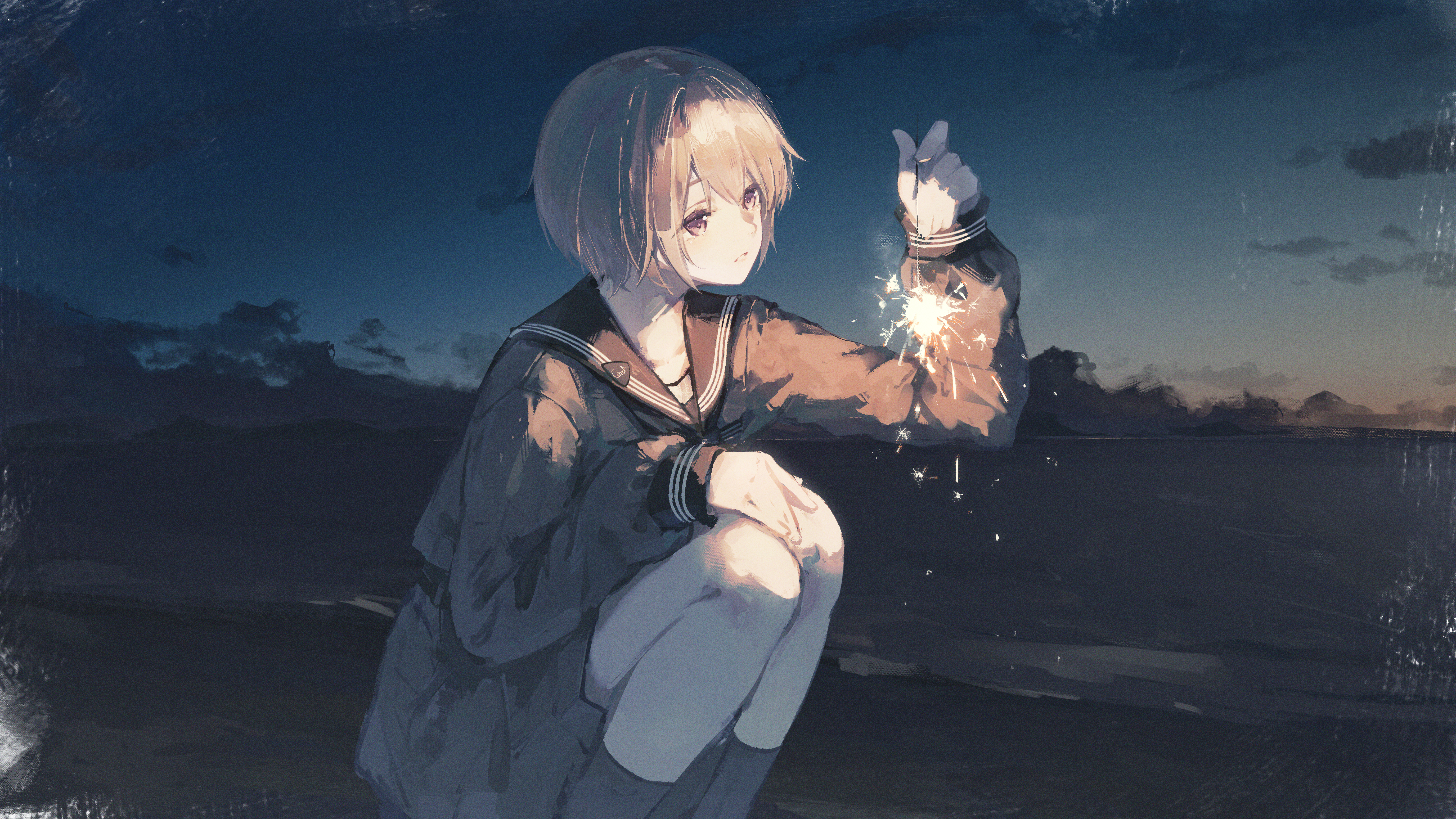 fuunyon, absurdres, character request, commentary request, highres, 1girl, black sailor collar, black serafuku, black shirt, black skirt, black socks, blonde hair, brown eyes, cloud, evening, feet out of frame, fireworks, holding, long sleeves, outdoors, parted lips, rk music, sailor collar, school uniform, senkou hanabi, serafuku, shirt, short hair, skirt, socks, solo, sparkler, squatting