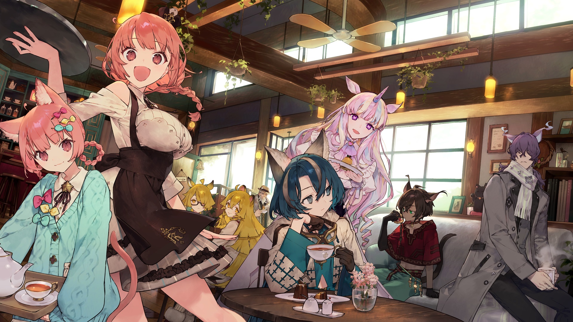 noco (adamas), highres, official art, third-party source, 3boys, 6+girls, :3, :d, animal ears, aqua cardigan, bare shoulders, blintz (kemono teatime), blue eyes, blue hair, braid, braided hair rings, breasts, cafe, cardigan, cat ears, cat girl, cat tail, ceiling fan, coat, couch, covered eyes, cup, dark-skinned male, dark skin, everyone, foliage, galette (kemono teatime), glasses, green eyes, grey coat, guimauve (kemono teatime), hair ornament, hair over eyes, hair rings, hairpin, holding, holding cup, holding tray, horse ears, jam (kemono teatime), kemono teatime, large breasts, long hair, looking at another, looking at viewer, macaron (kemono teatime), mallow (kemono teatime), midriff, multicolored hair, multiple boys, multiple girls, open mouth, orange eyes, pink eyes, pink hair, quiche (kemono teatime), scarf, scone (kemono teatime), short hair, sitting, smile, streaked hair, tail, tarte (kemono teatime), tea, teacup, teapot, tiger ears, tray, unicorn girl, unicorn horn, white scarf, wolf ears, wolf girl