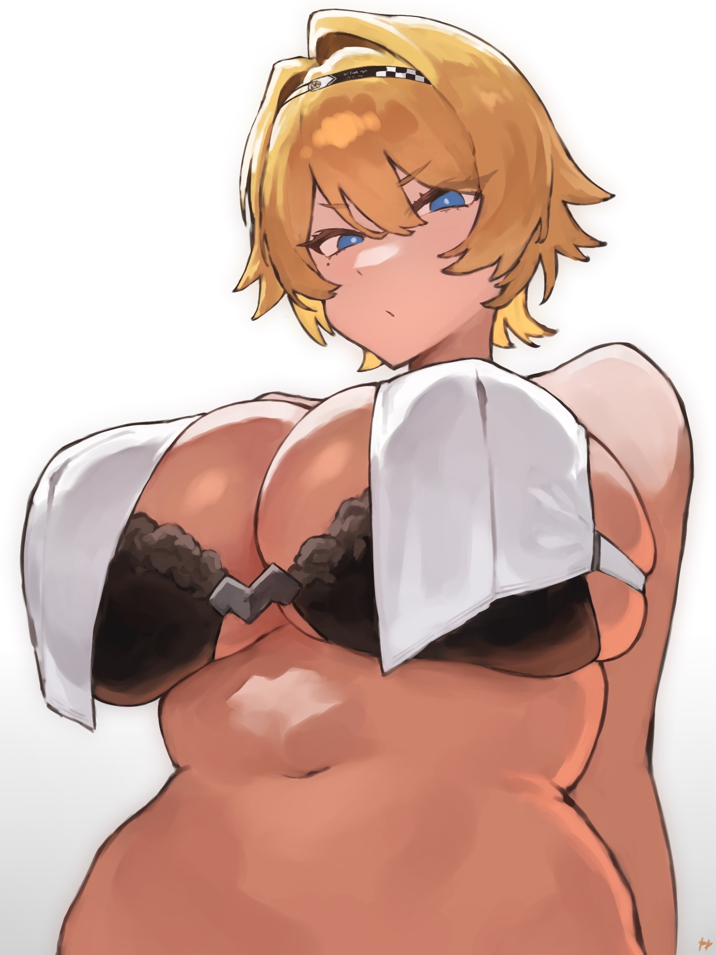 fukuya art, nikketa (girls' frontline 2), vsk-94 (girls' frontline), girls' frontline, girls' frontline 2: exilium, commentary request, highres, 1girl, arm behind back, artist name, bare arms, bare shoulders, black bra, black hairband, blonde hair, blue eyes, bra, breasts, checkered hairband, closed mouth, from below, grey background, hair between eyes, hair intakes, hairband, huge breasts, looking at viewer, looking down, mole, mole under eye, navel, short hair, skindentation, solo, stomach, underwear, upper body, v-shaped eyebrows, white background