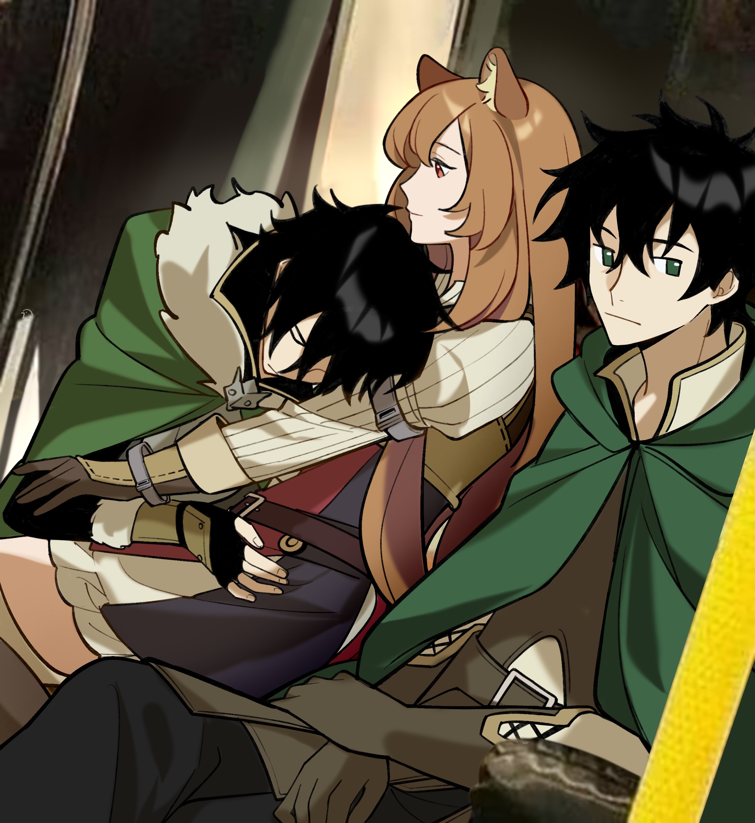 dice657523, iwatani naofumi, raphtalia, tate no yuusha no nariagari, absurdres, chinese commentary, commentary, commentary request, english commentary, highres, mixed-language commentary, 1girl, 2boys, :|, animal ear fluff, animal ears, armor, armored gloves, black dress, black gloves, black hair, black pants, black shirt, boots, breastplate, brown boots, brown gloves, brown hair, brown shirt, closed eyes, closed mouth, collared dress, collared shirt, couple, cowboy shot, crossed legs, dress, dutch angle, elbow gloves, fingerless gloves, fur-trimmed gloves, fur trim, gloves, green eyes, hair between eyes, hetero, high collar, hug, indoors, layered dress, layered shirt, leather armor, long hair, long sleeves, looking at another, looking at viewer, messy hair, metal arm cuffs, metal wrist cuffs, multiple boys, pants, pinstripe dress, pinstripe pattern, raccoon ears, raccoon girl, red dress, red eyes, shirt, short dress, short hair, sitting, sleeping, sleeping on person, sleeping upright, sleeveless, sleeveless dress, straight hair, thigh boots, thighhighs, time paradox, two-tone dress, white dress, white shirt, zettai ryouiki