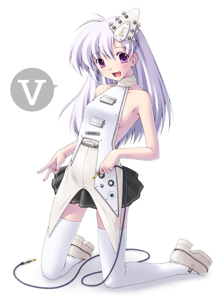 tagme, blush, guitar, instrument, long hair, skirt, thighhighs