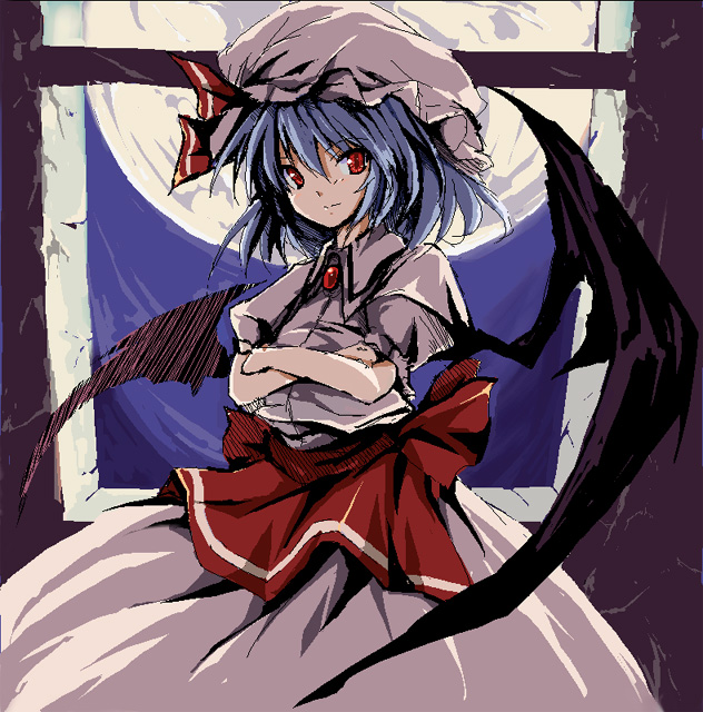 imuraya ayuka, remilia scarlet, touhou, 1girl, blue hair, brooch, crossed arms, dress, female focus, full moon, hat, hat ribbon, jewelry, moon, pink dress, red eyes, ribbon, short hair, slit pupils, solo, window, wings