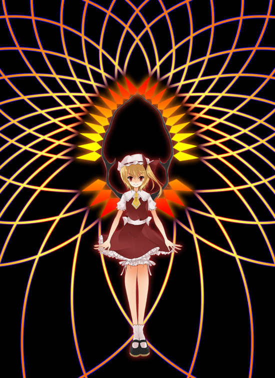 noi (noi 2y), flandre scarlet, touhou, >:), 1girl, blonde hair, bloomers, blush, danmaku, female focus, flat chest, frills, glowing, hat, mary janes, necktie, red eyes, shoes, short hair, side ponytail, skirt, solo, standing, underwear, v-shaped eyebrows, white bloomers, wings