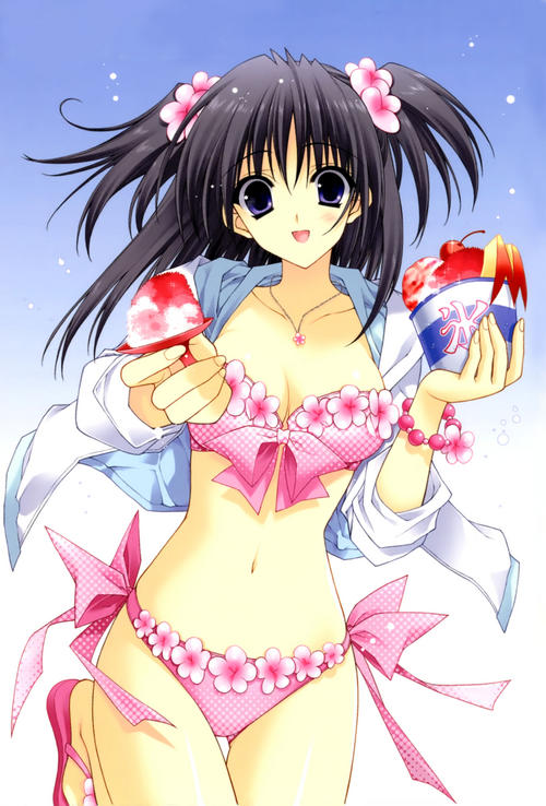 blush, breasts, food, long hair, swimsuit, twintails