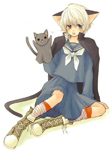 converse, striped, 1girl, androgynous, animal ears, blue eyes, cat ears, female focus, kneehighs, necktie, puppet, school uniform, serafuku, shoes, short hair, skirt, sneakers, socks, solo, white hair