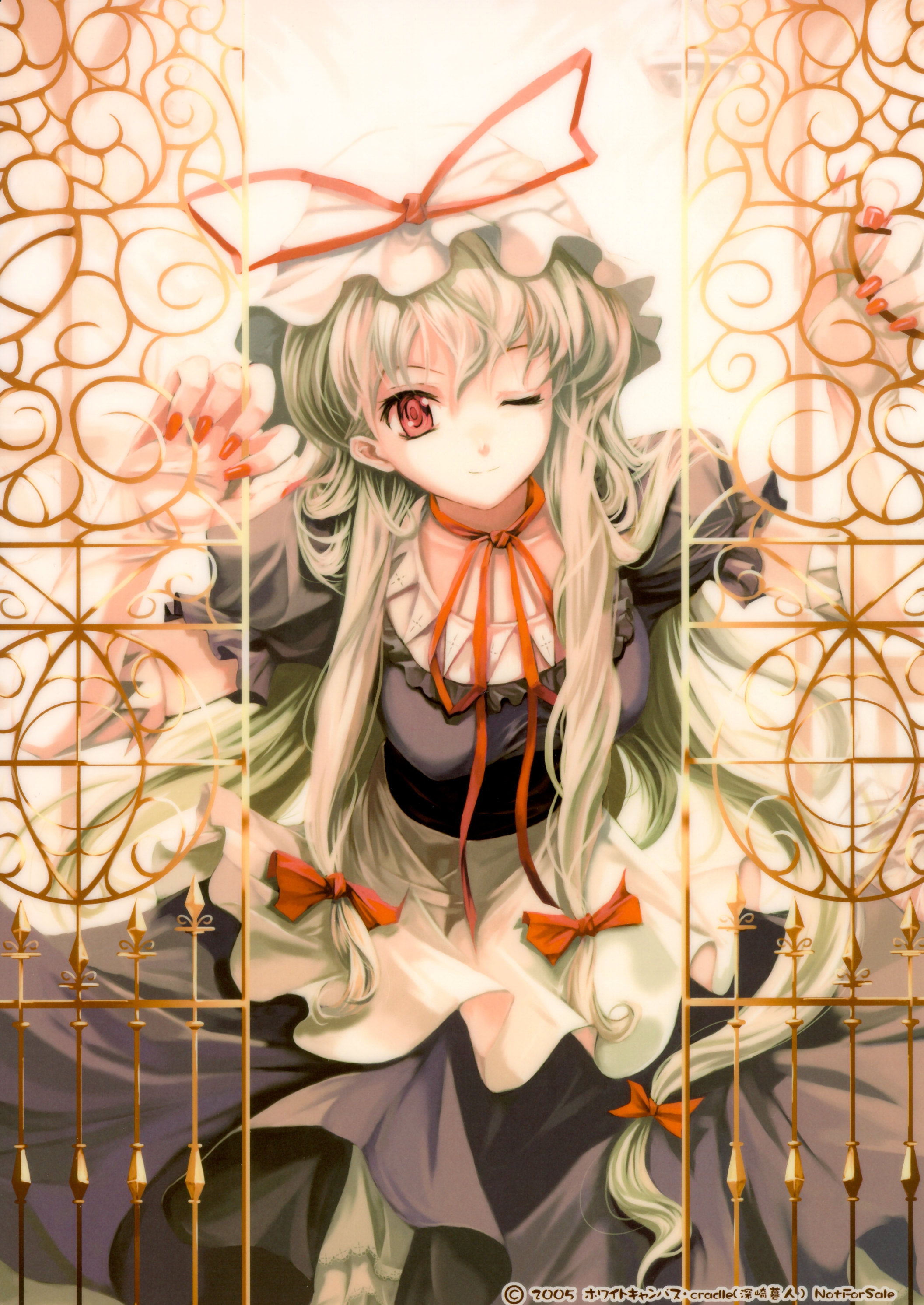 cradle (circle), misaki kurehito, yakumo yukari, team shanghai alice, touhou, absurdres, highres, scan, 1girl, blonde hair, bow, dress, female focus, fingerless gloves, gate, gloves, long hair, nail polish, one eye closed, orange nails, red eyes, ribbon, skirt, smile, solo, wink