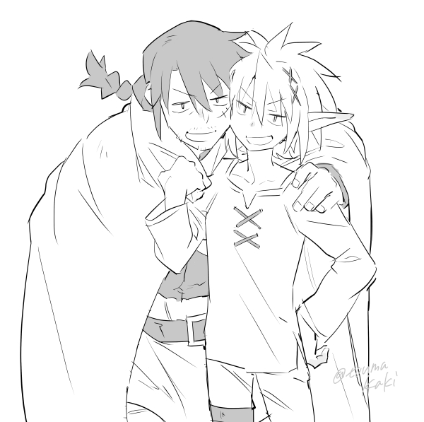dasshu (dashi now), stunk, zel (ishuzoku reviewers), ishuzoku reviewers, commentary request, 2boys, belt, braid, cloak, facial hair, greyscale, grin, hand on another's shoulder, long sleeves, male focus, monochrome, multiple boys, mustache stubble, pants, pointy ears, scar, scar on face, shirt, short hair, signature, simple background, smile, sparse stubble, stubble, white background