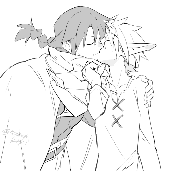 dasshu (dashi now), stunk, zel (ishuzoku reviewers), ishuzoku reviewers, commentary request, 2boys, abs, belt, braid, cloak, closed eyes, facial hair, greyscale, hand on another's shoulder, kiss, long sleeves, monochrome, multiple boys, mustache stubble, pants, pointy ears, shirt, short hair, signature, simple background, stubble, yaoi