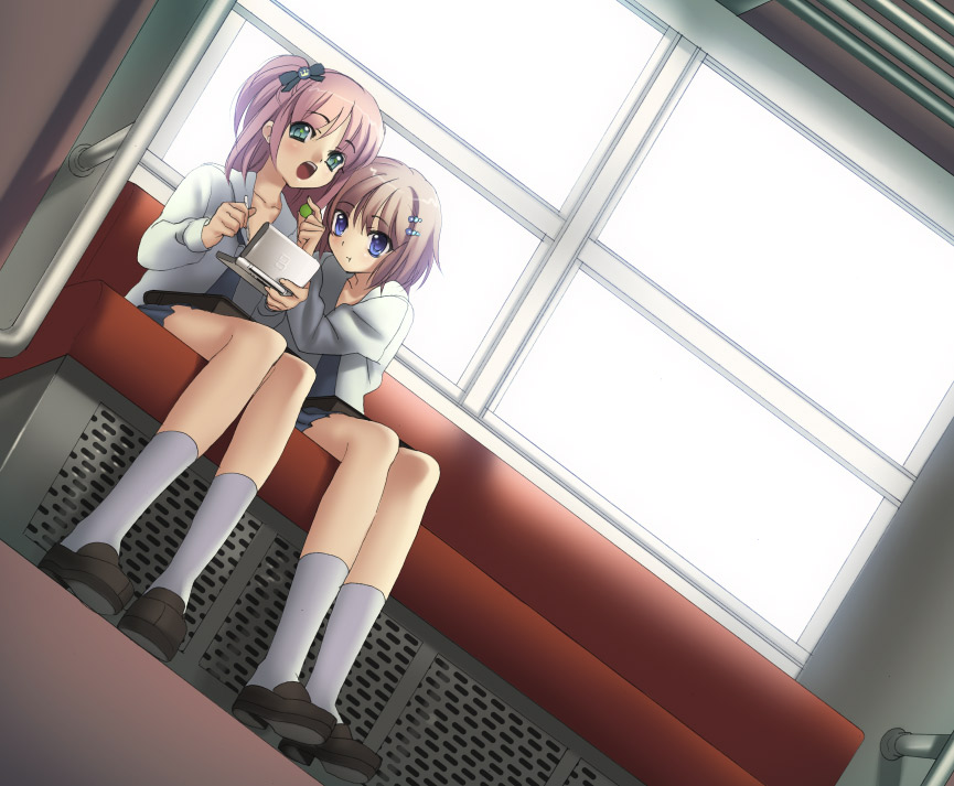 piyodera mucha, nintendo, original, white legwear, 2girls, candy, feeding, food, hair ornament, handheld game console, multiple girls, nintendo ds, open mouth, playing games, short hair, sitting, skirt, socks, stylus, train, train interior