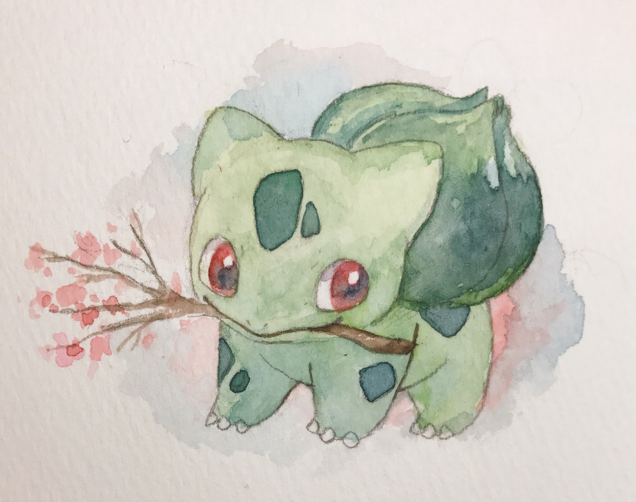 mint nappa, bulbasaur, nintendo, pokemon, commentary request, highres, painting (medium), traditional media, watercolor (medium), animal focus, branch, branch in mouth, claws, full body, gen 1 pokemon, looking at viewer, mouth hold, no humans, nostrils, pokemon (creature), red eyes, simple background, solo