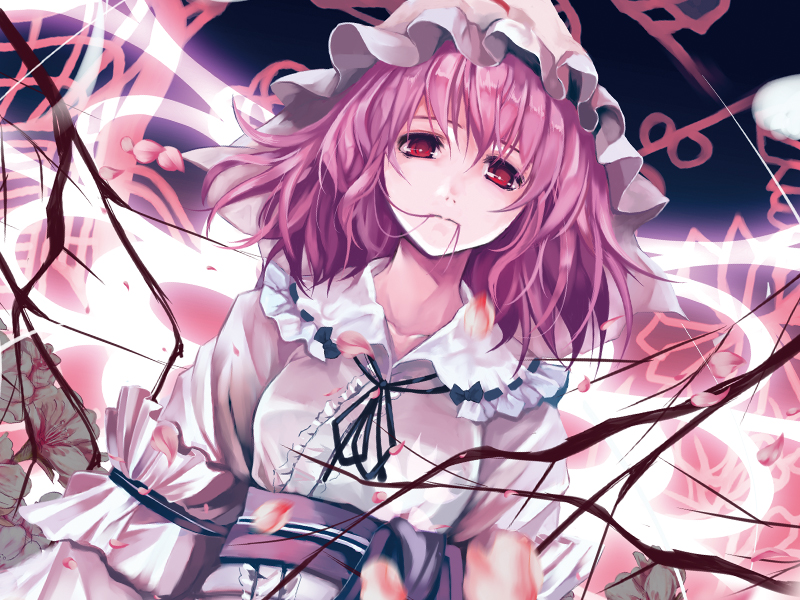 cradle (circle), misaki kurehito, saigyouji yuyuko, team shanghai alice, touhou, 1girl, branch, cherry blossoms, female focus, looking at viewer, pink eyes, pink hair, runes, short hair, solo