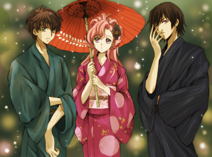 akina tsukako, euphemia li britannia, kururugi suzaku, lelouch vi britannia, code geass, 00s, 1girl, 2boys, brown hair, donut hair bun, green eyes, hair bun, japanese clothes, kimono, long hair, multiple boys, oil-paper umbrella, pink hair, purple eyes, umbrella
