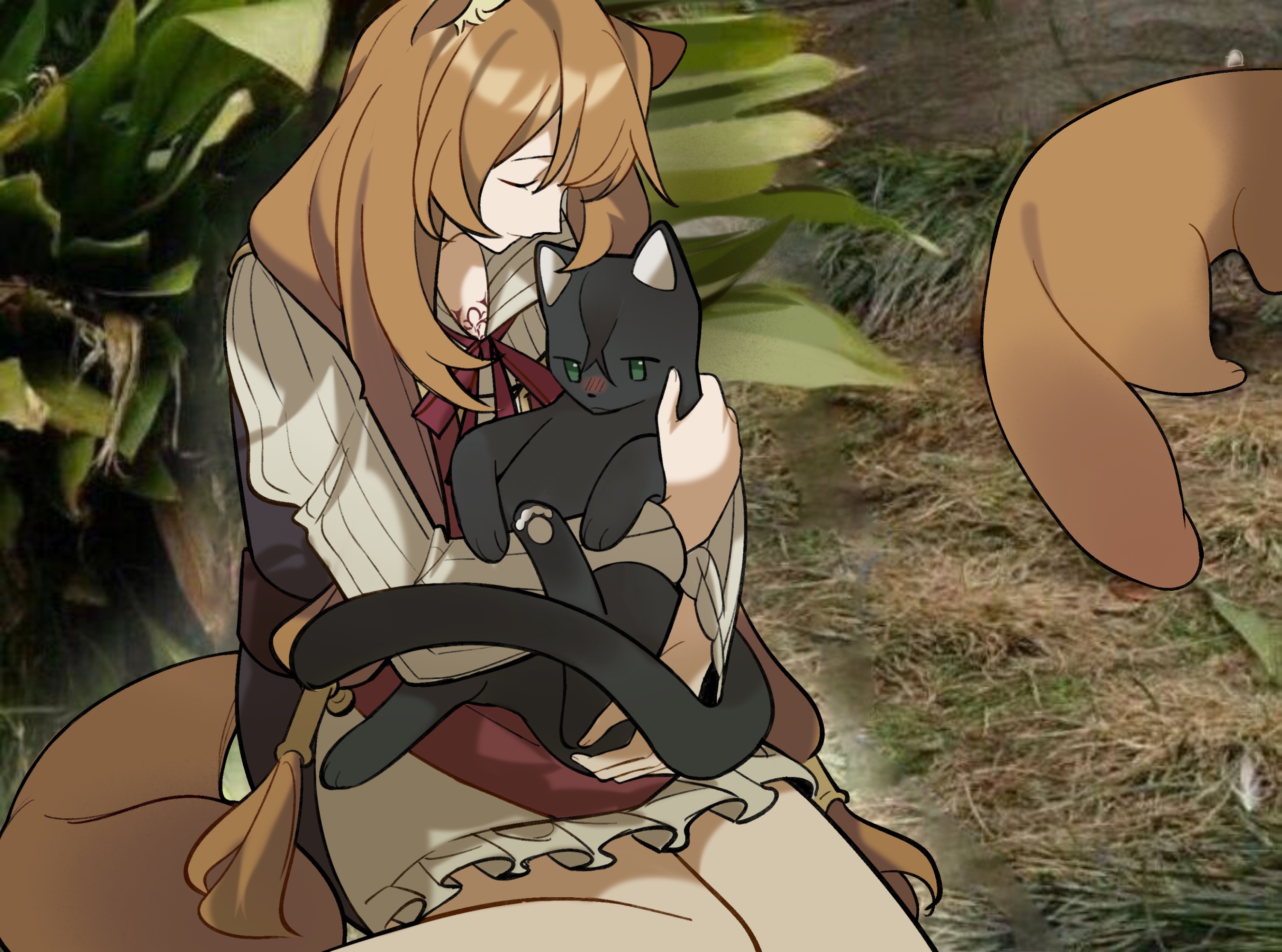dice657523, iwatani naofumi, raph-chan, raphtalia, tate no yuusha no nariagari, chinese commentary, commentary, commentary request, english commentary, highres, mixed-language commentary, 1girl, 2others, animal, animal ear fluff, animal ears, animal hands, animalization, belt, black cat, black dress, blush, brown belt, brown hair, cat, cat paws, chest tattoo, collared dress, dress, facing another, facing down, hair between eyes, high collar, holding, holding animal, holding cat, light smile, long hair, long sleeves, looking ahead, metal hair tubes, multiple others, neck ribbon, on grass, outdoors, pinstripe dress, pinstripe pattern, raccoon ears, raccoon girl, raccoon tail, red dress, red ribbon, ribbon, short dress, sitting, slave brand, sleeveless, sleeveless dress, straight hair, tail, tanuki, tattoo, two-tone dress, white dress
